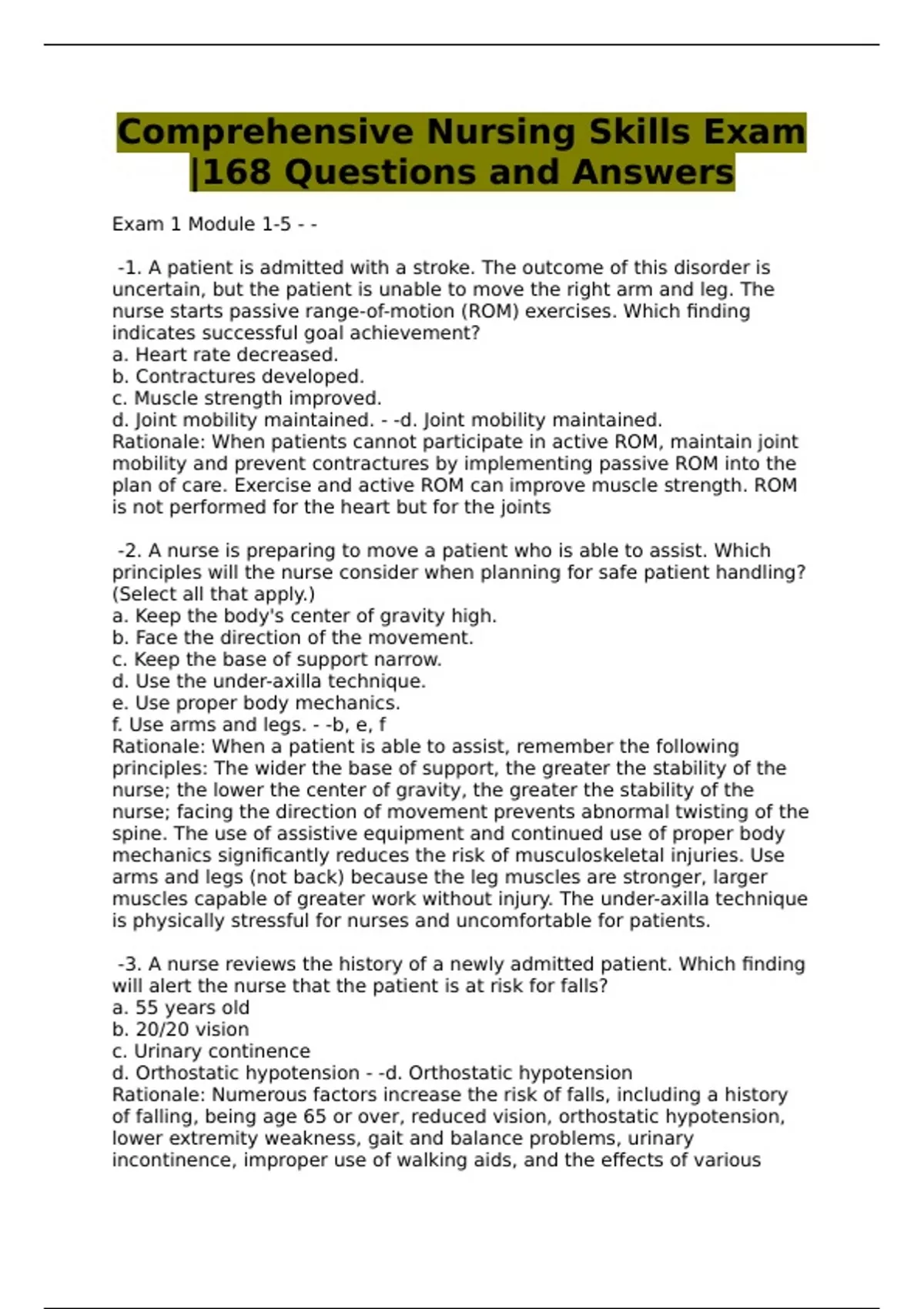 Comprehensive Nursing Skills Exam |168 Questions and Answers ...