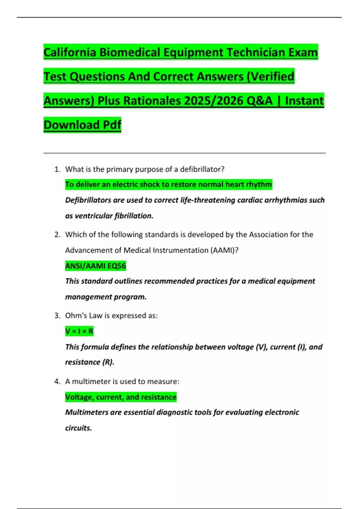 California Biomedical Equipment Technician Exam Test Questions And ...