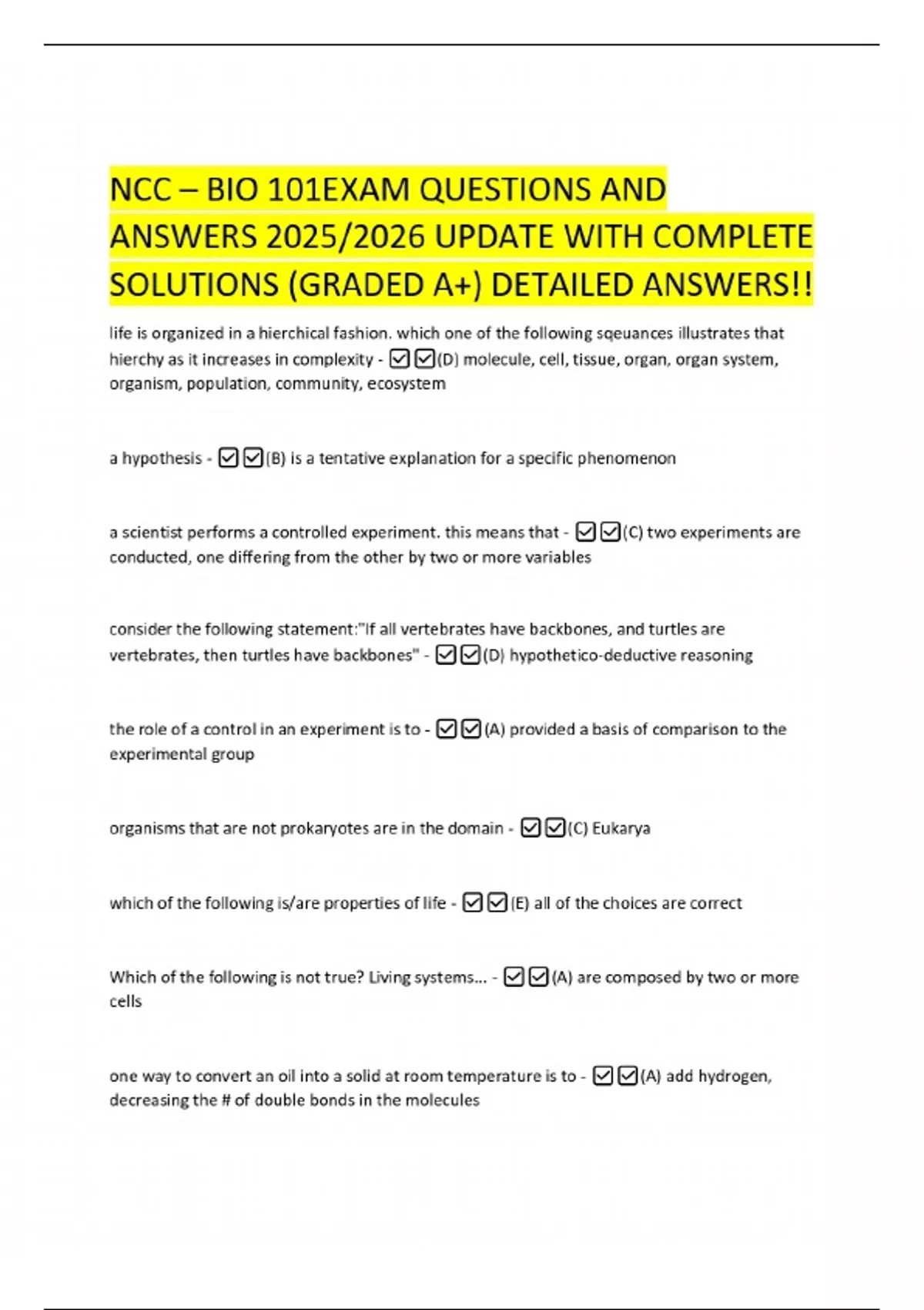 NCC – BIO 101EXAM QUESTIONS AND ANSWERS 2025/2026 UPDATE WITH COMPLETE ...