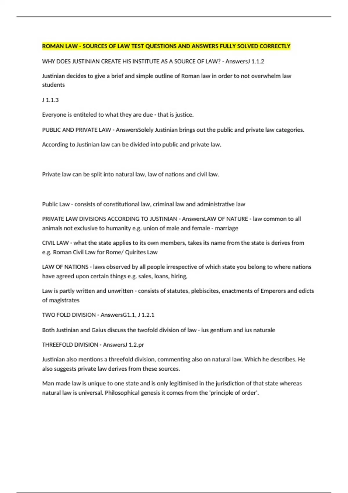 ROMAN LAW - SOURCES OF LAW TEST QUESTIONS AND ANSWERS FULLY SOLVED ...