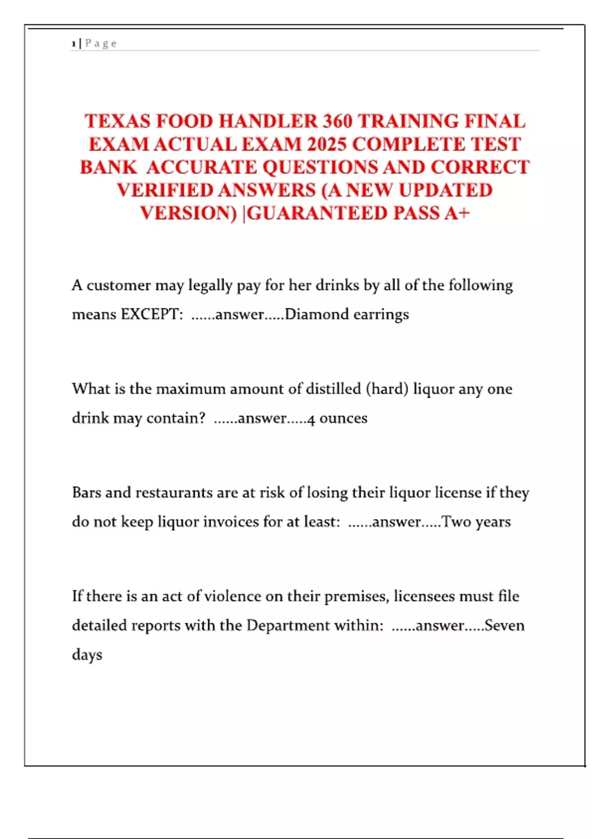 TEXAS FOOD HANDLER 360 TRAINING FINAL EXAM ACTUAL EXAM 2025 COMPLETE ...