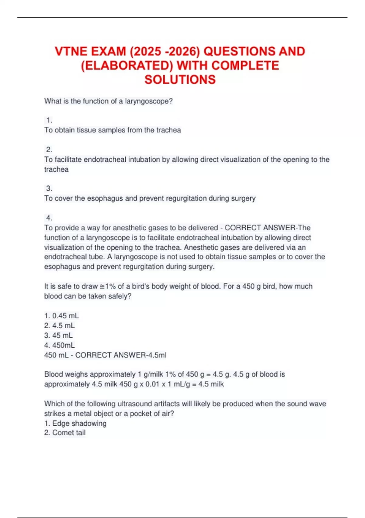 VTNE EXAM () QUESTIONS AND (elaborated) WITH COMPLETE SOLUTIONS - VTNE ...