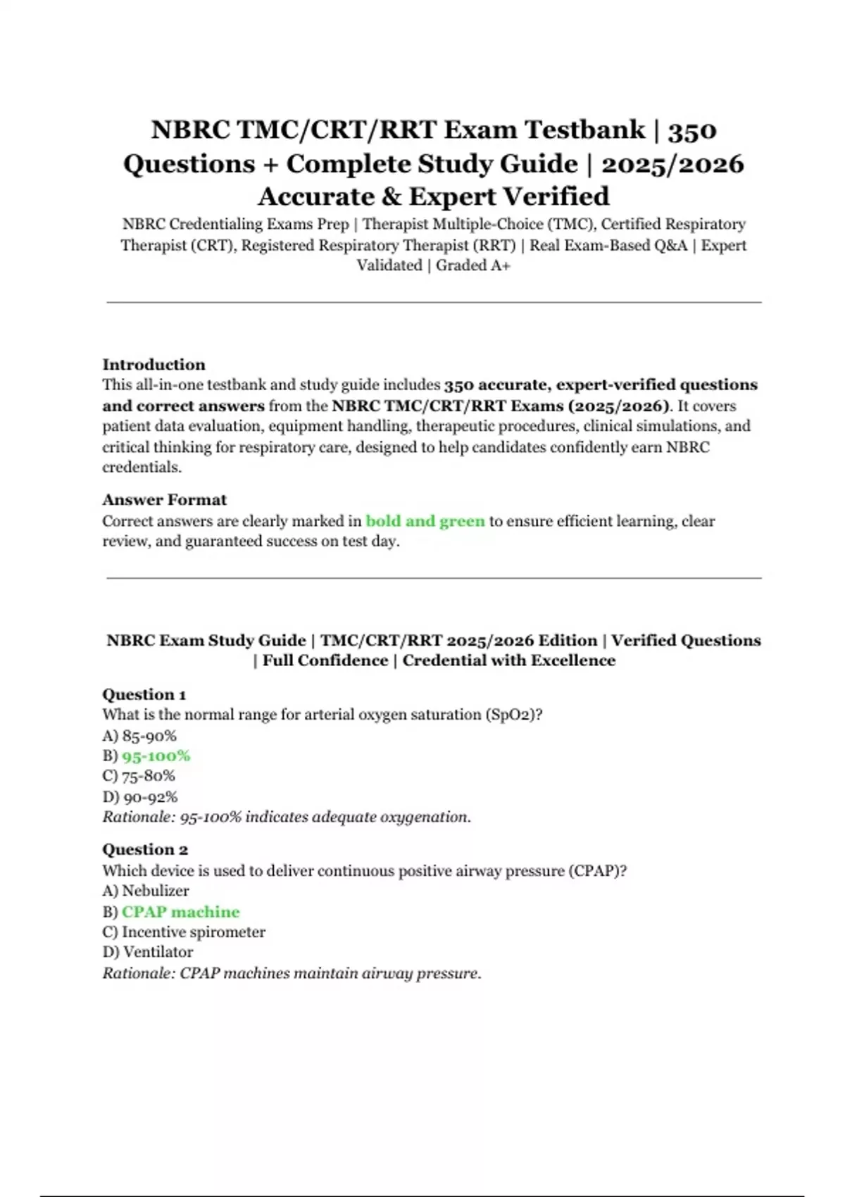 NBRC TMC/CRT/RRT Exam Testbank | 350 Questions + Complete Study Guide ...