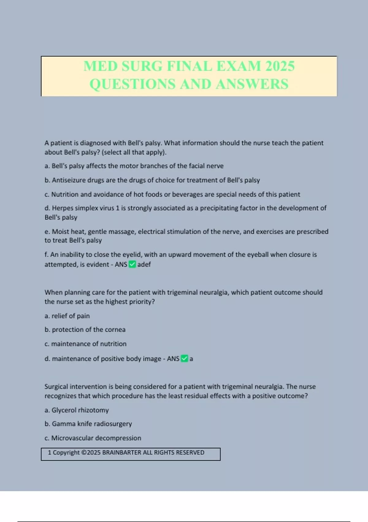 MED SURG FINAL EXAM 2025 QUESTIONS AND ANSWERS - MED SURG - Stuvia US