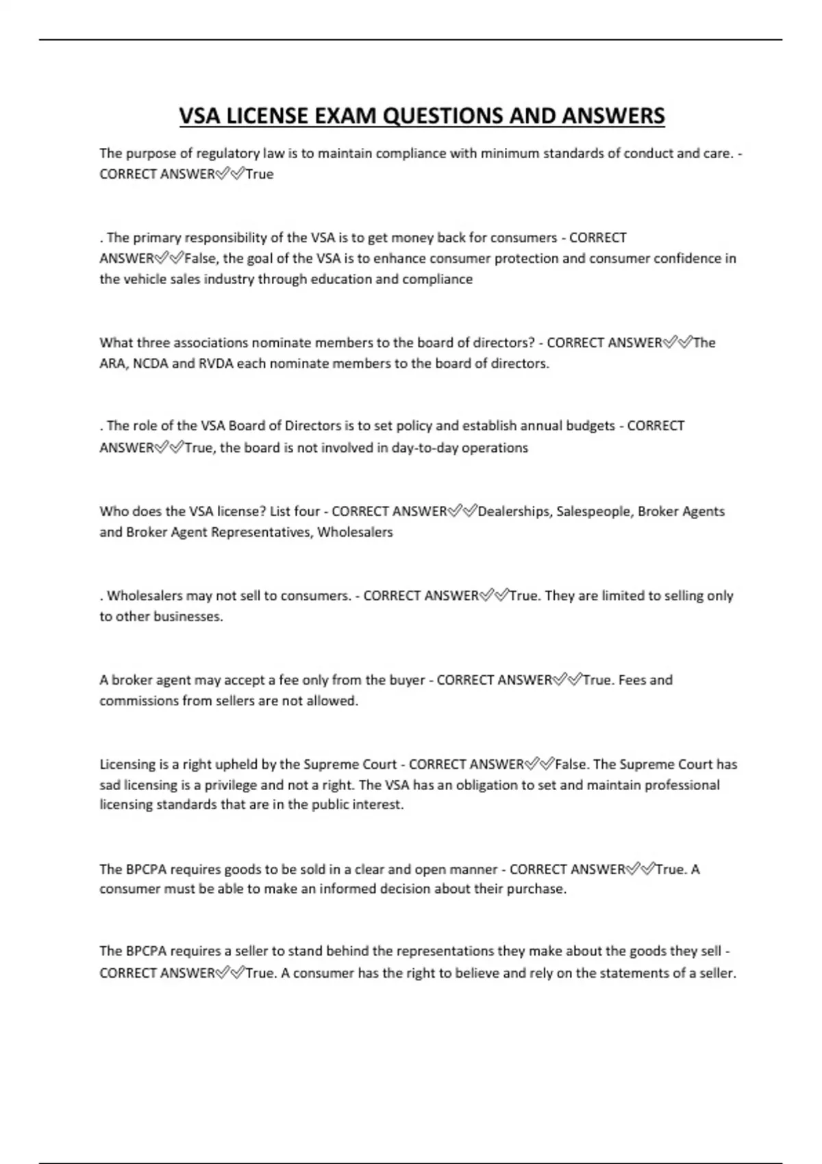 VSA LICENSE EXAM QUESTIONS AND ANSWERS - VSA LICENSE - Stuvia US