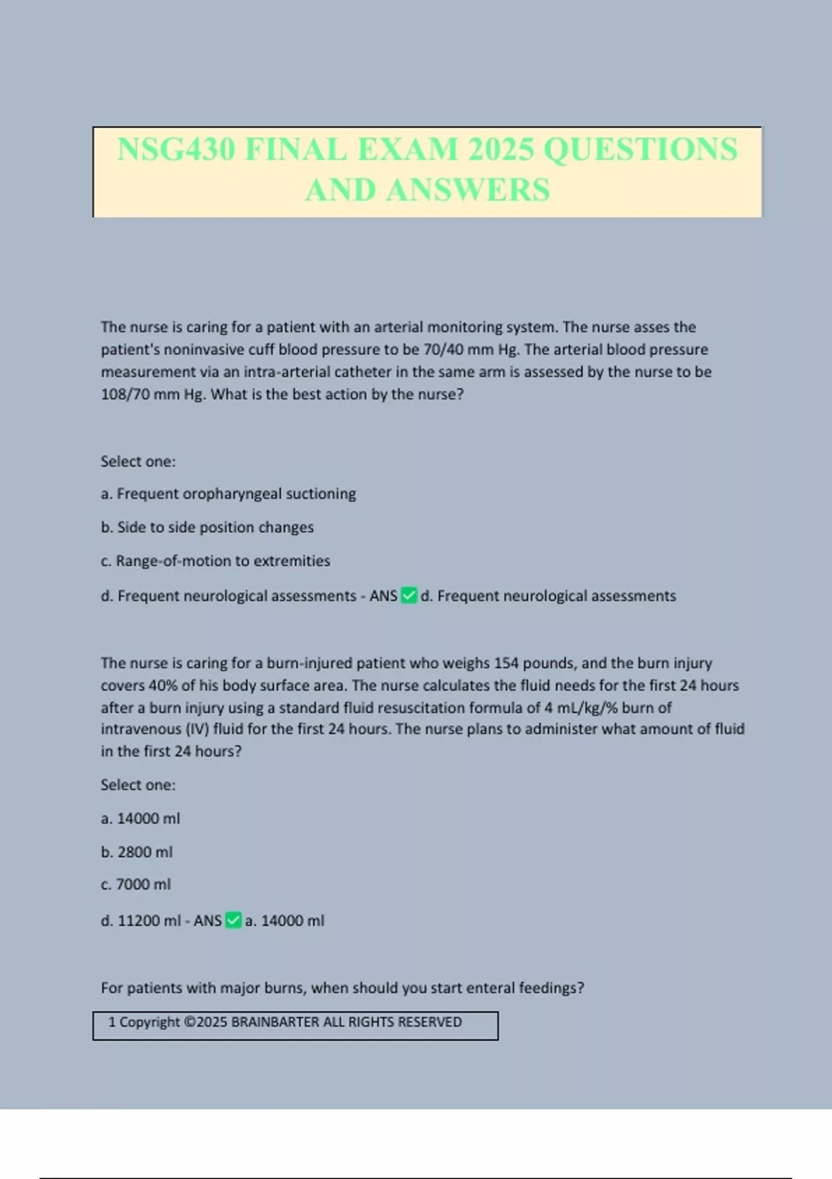 NSG430 FINAL EXAM 2025 QUESTIONS AND ANSWERS - NSG 430 - Stuvia US