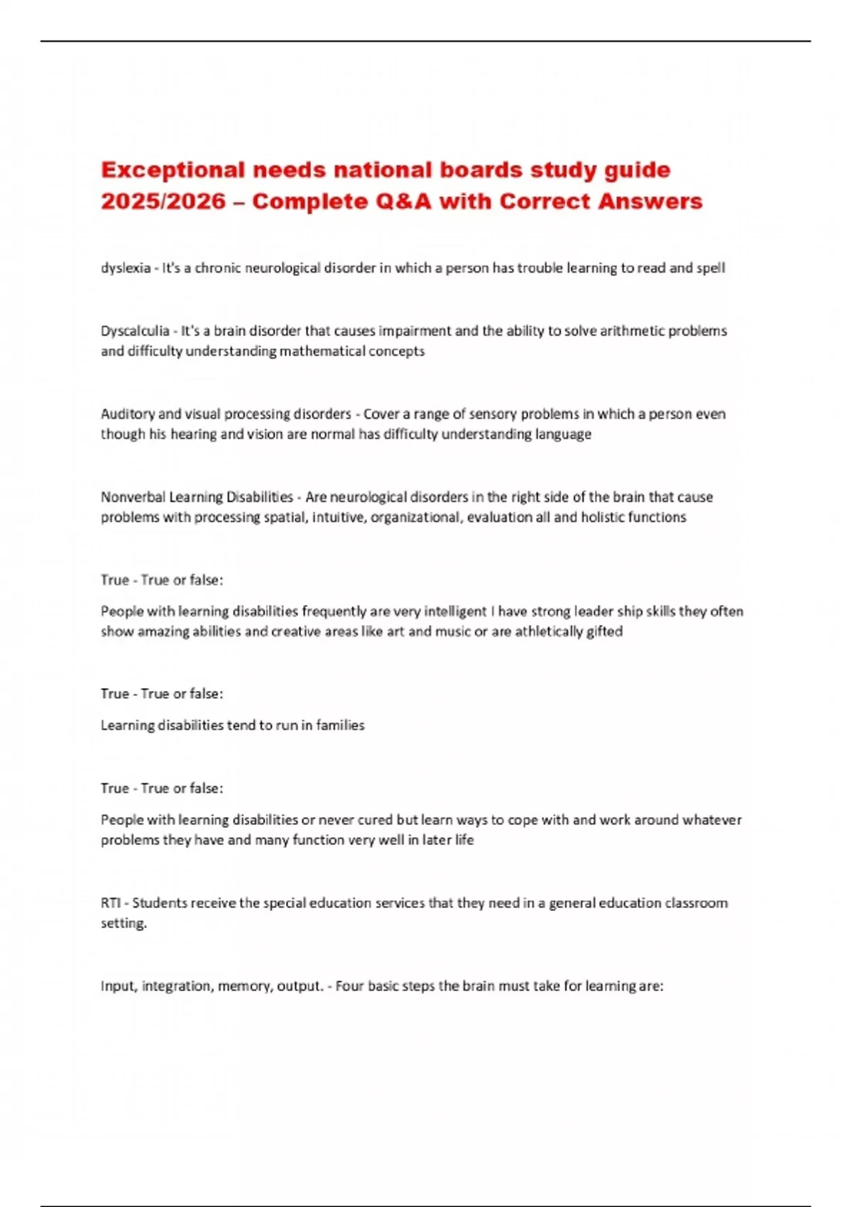 Exceptional needs national boards study guide 2025/2026 – Complete Q&A ...