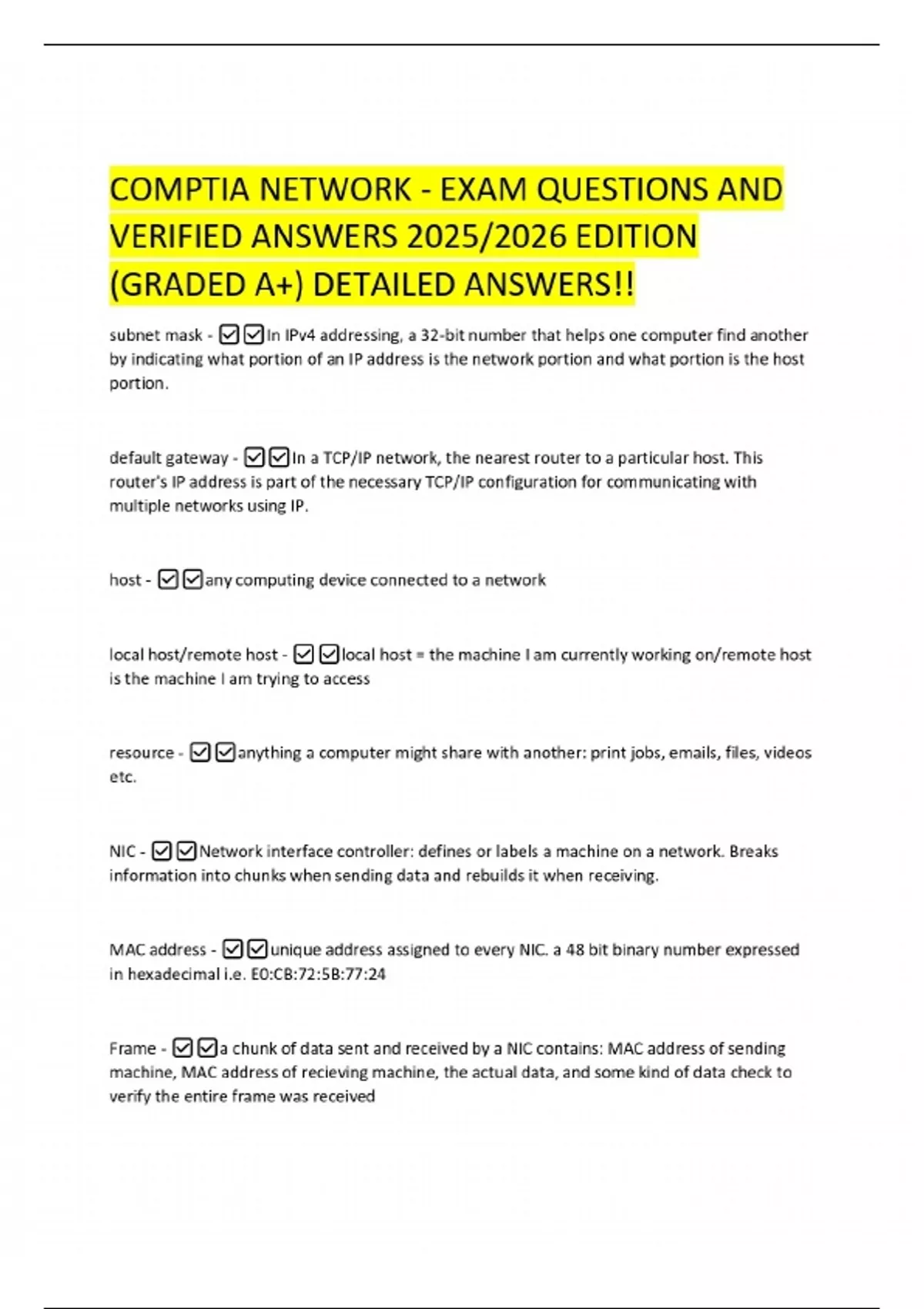 COMPTIA NETWORK - EXAM QUESTIONS AND VERIFIED ANSWERS 2025/2026 EDITION ...