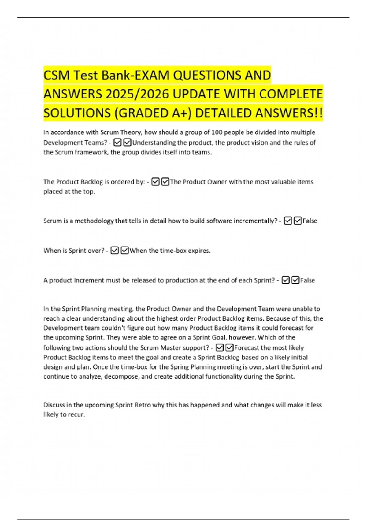 CSM Test Bank-EXAM QUESTIONS AND ANSWERS 2025/2026 UPDATE WITH COMPLETE ...