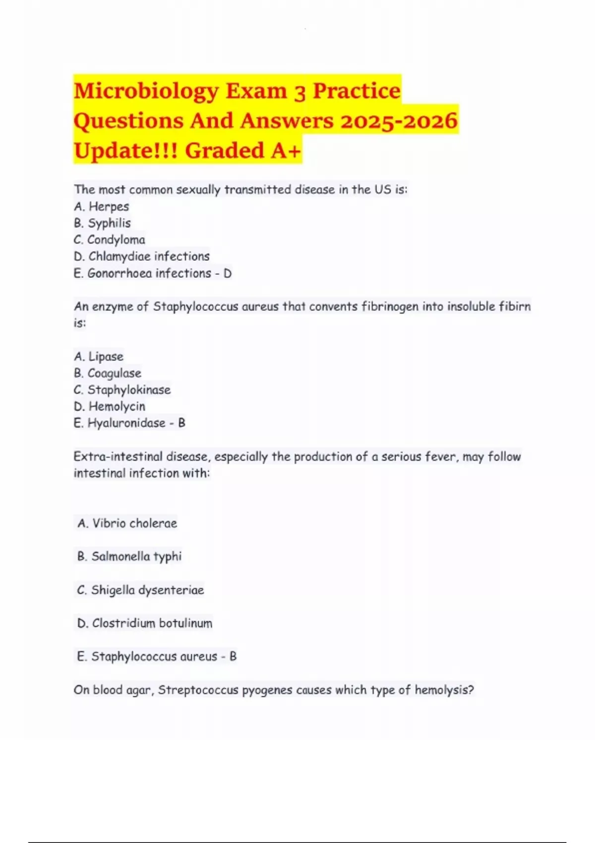 Microbiology Exam 3 Practice Questions And Answers Update!!! Graded A+ ...