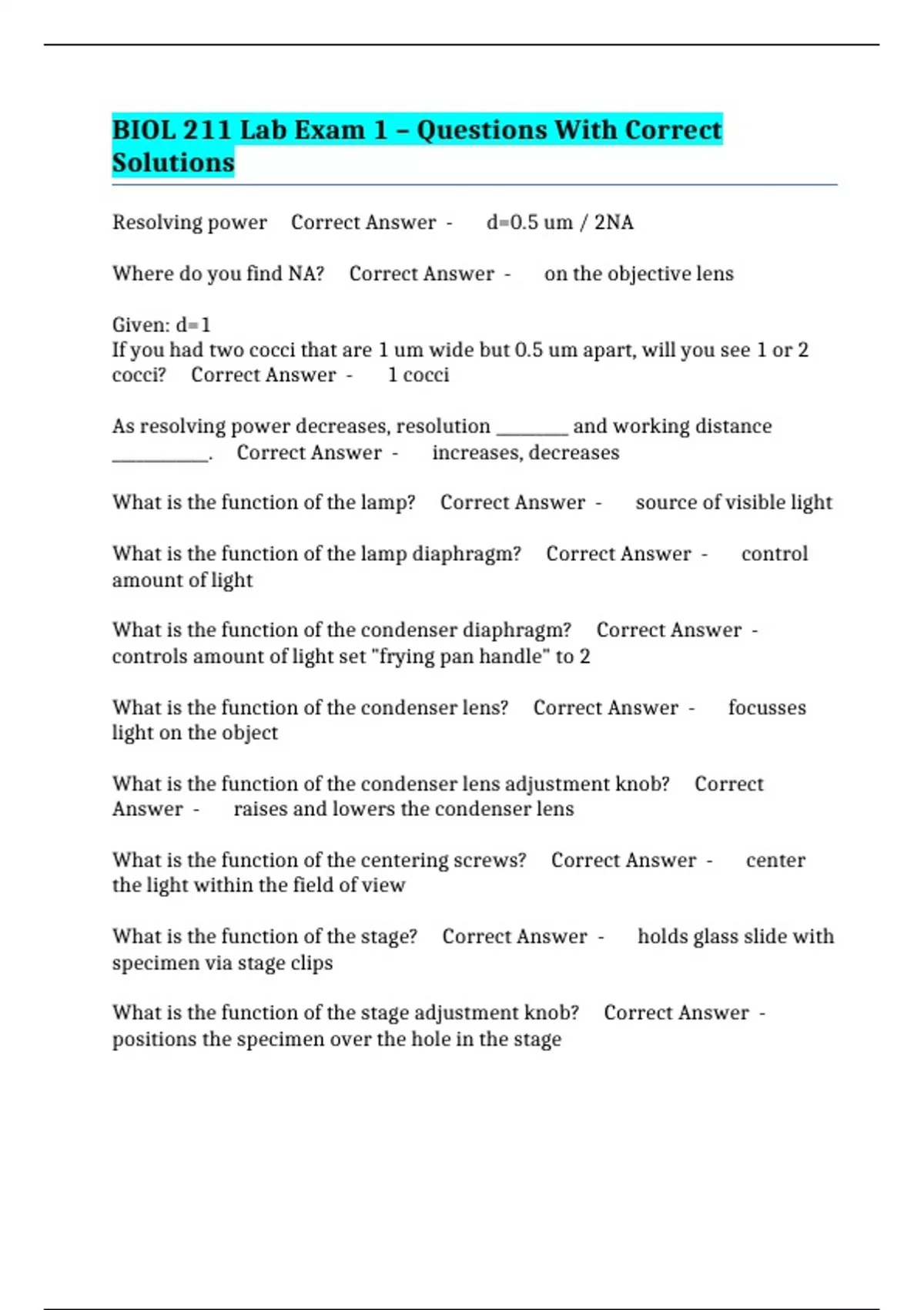 BIOL 211 Lab Exam 1 – Questions With Correct Solutions - BIO 211 ...