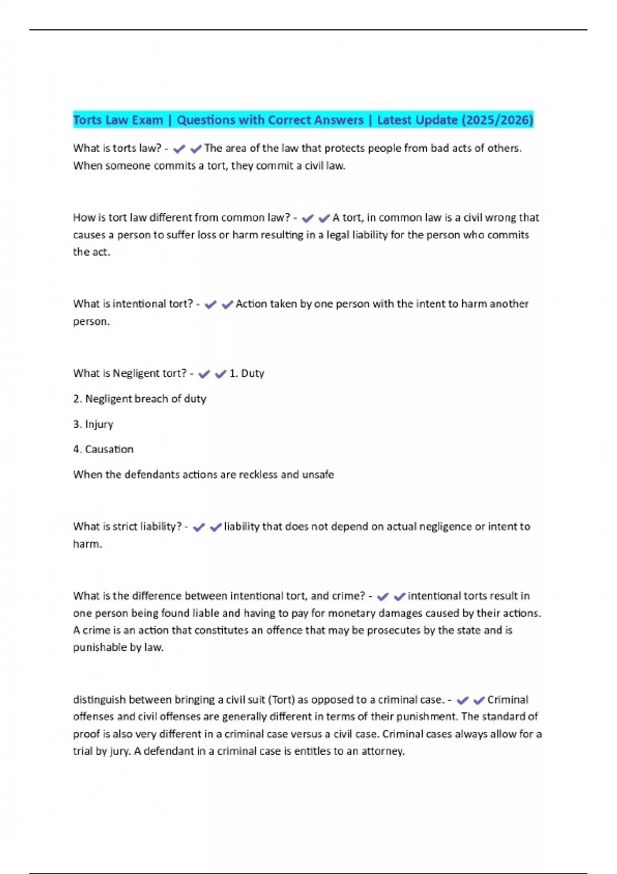 Torts Law Exam | Questions with Correct Answers | Latest Update (2025/ ...