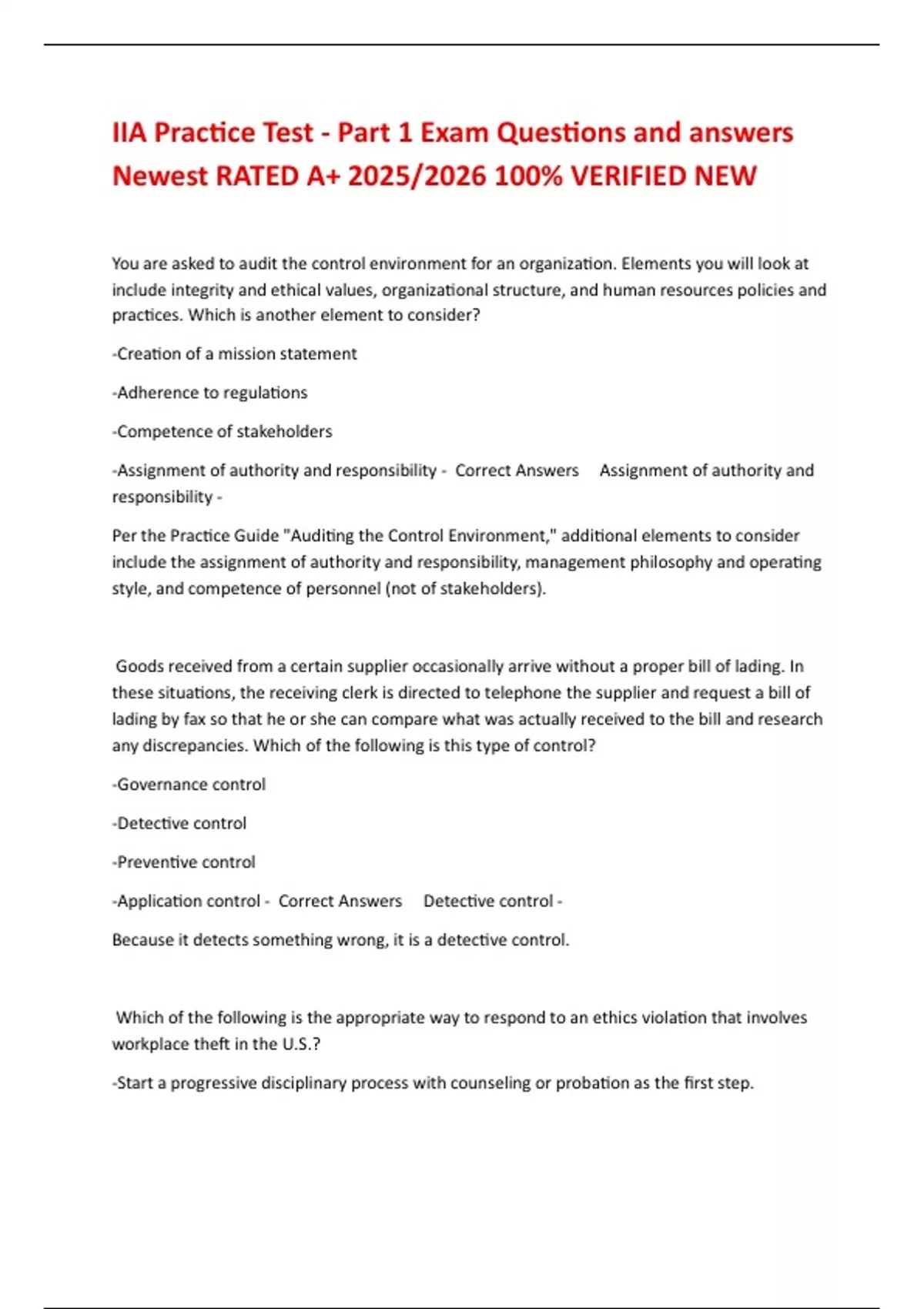 Iia Sample IIA Practice Test - Part 1 Exam Questions and answers Newest RATED A+ ...