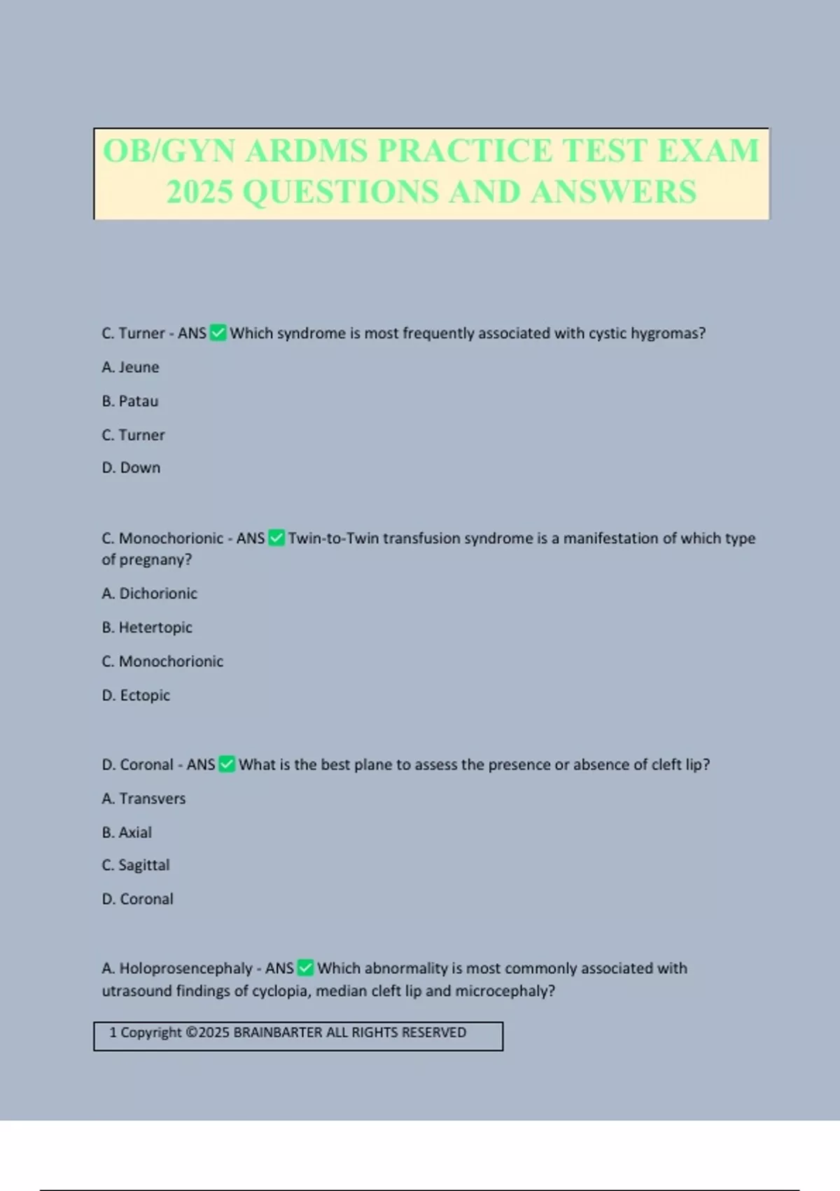 OB/GYN ARDMS PRACTICE TEST EXAM 2025 QUESTIONS AND ANSWERS - OB/GYN ...