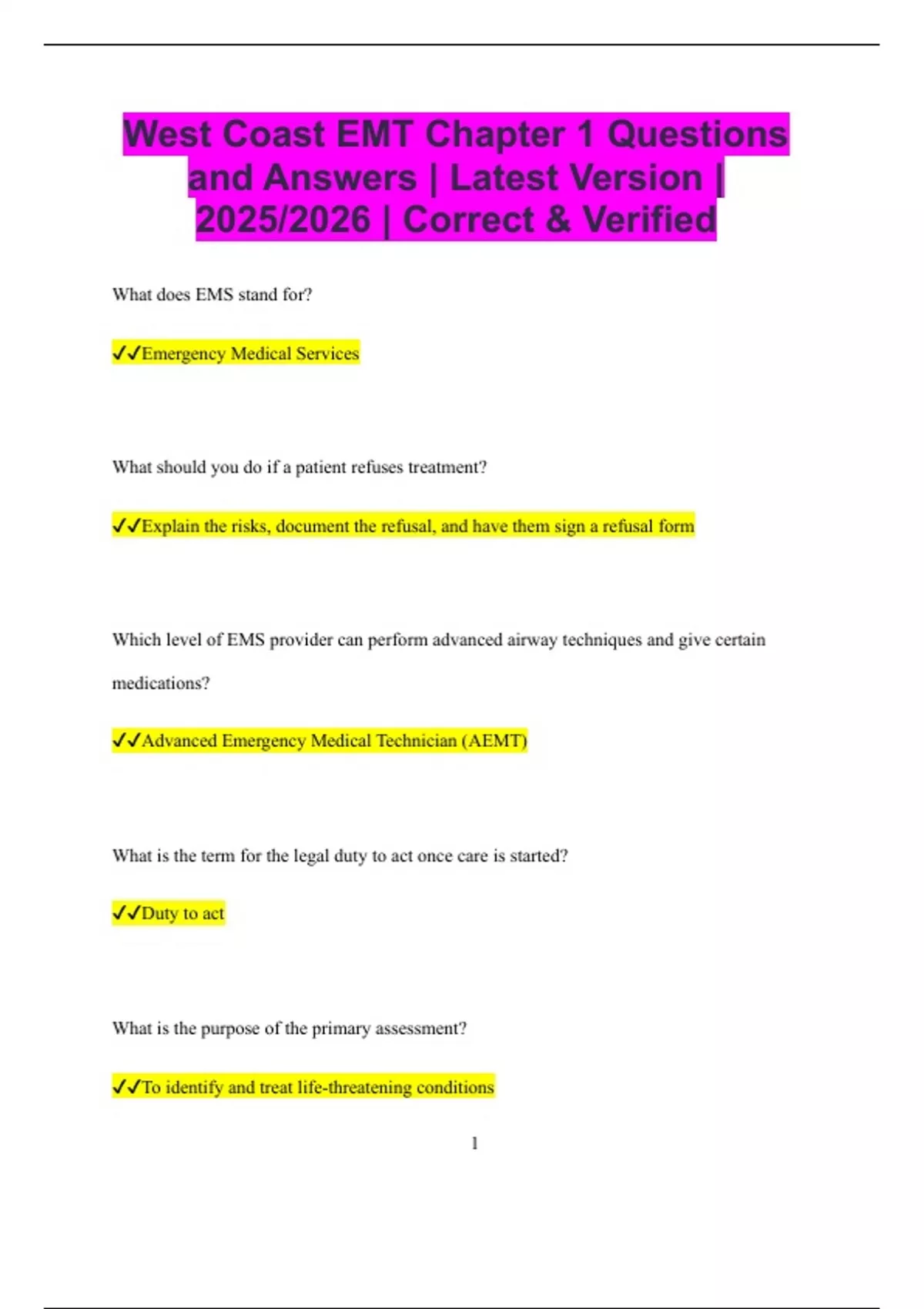 West Coast EMT Chapter 1 Questions and Answers | Latest Version | 2025/ ...
