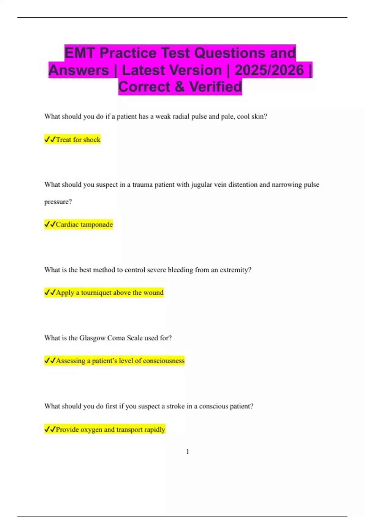 EMT Practice Test Questions and Answers | Latest Version | 2025/2026 ...