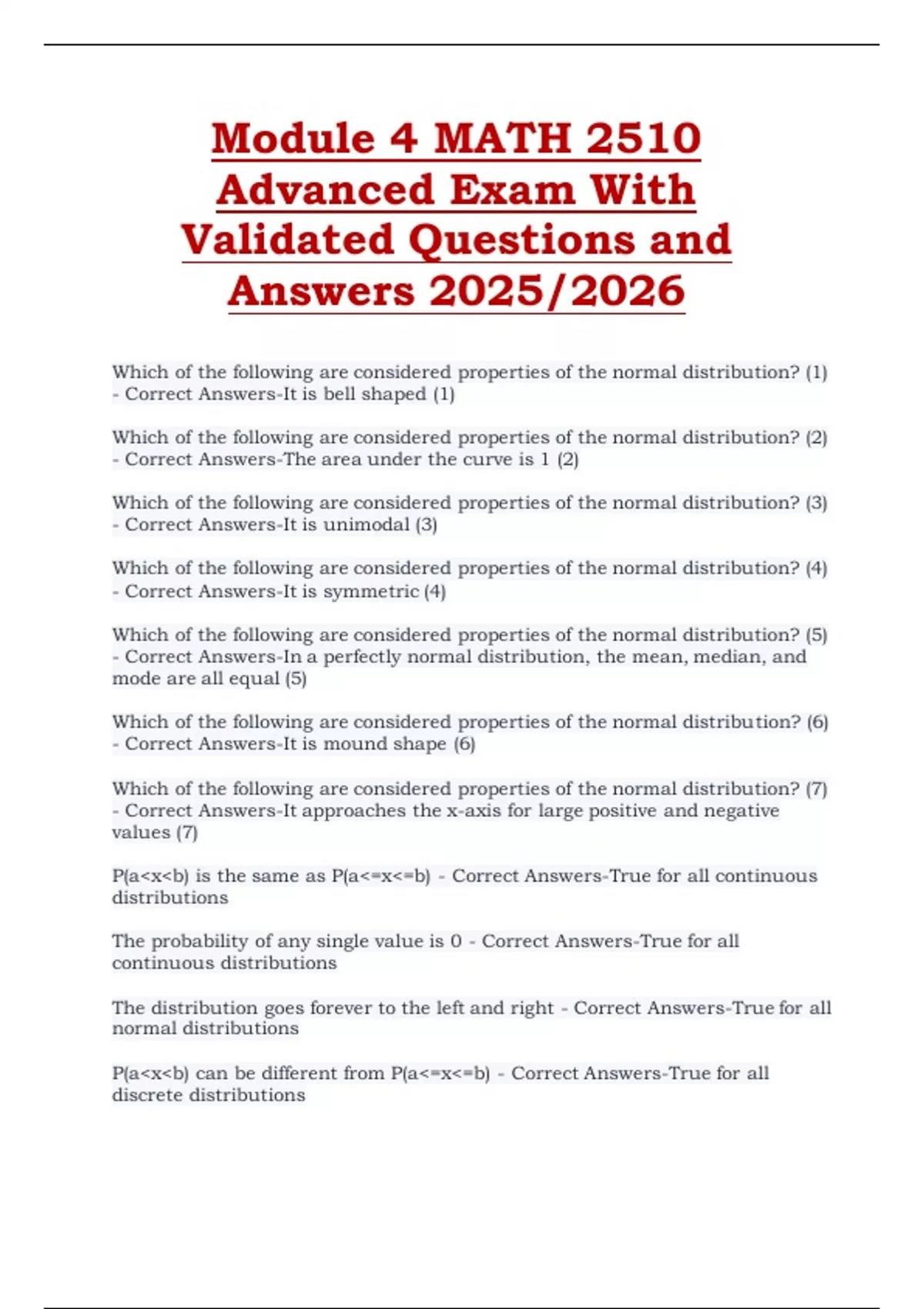 Module 4 MATH 2510 Advanced Exam 2025/2026 – Validated Questions and ...