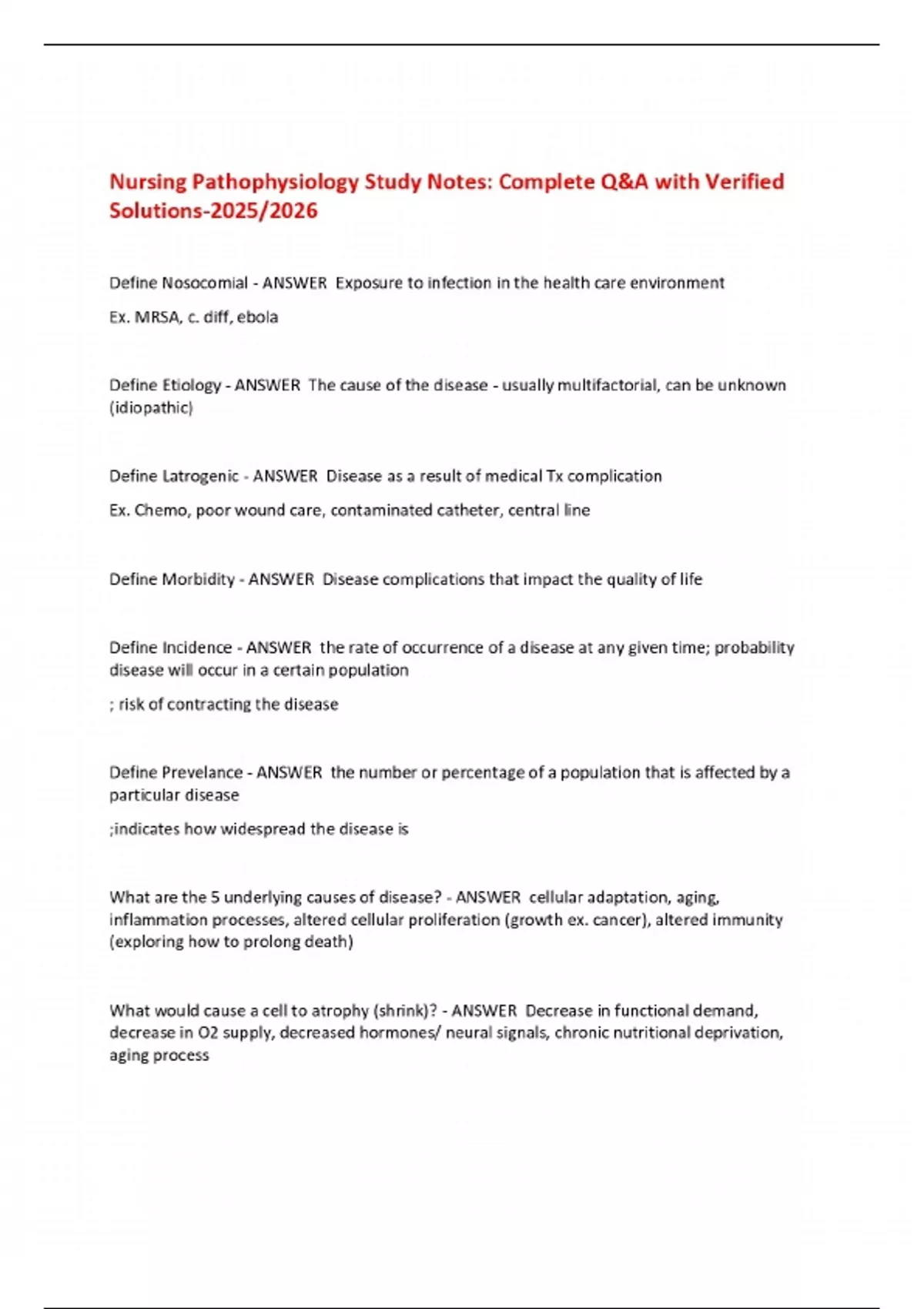 Nursing Pathophysiology Notes.pdf Nursing Pathophysiology Study Notes: Complete Q&A with Verified ...