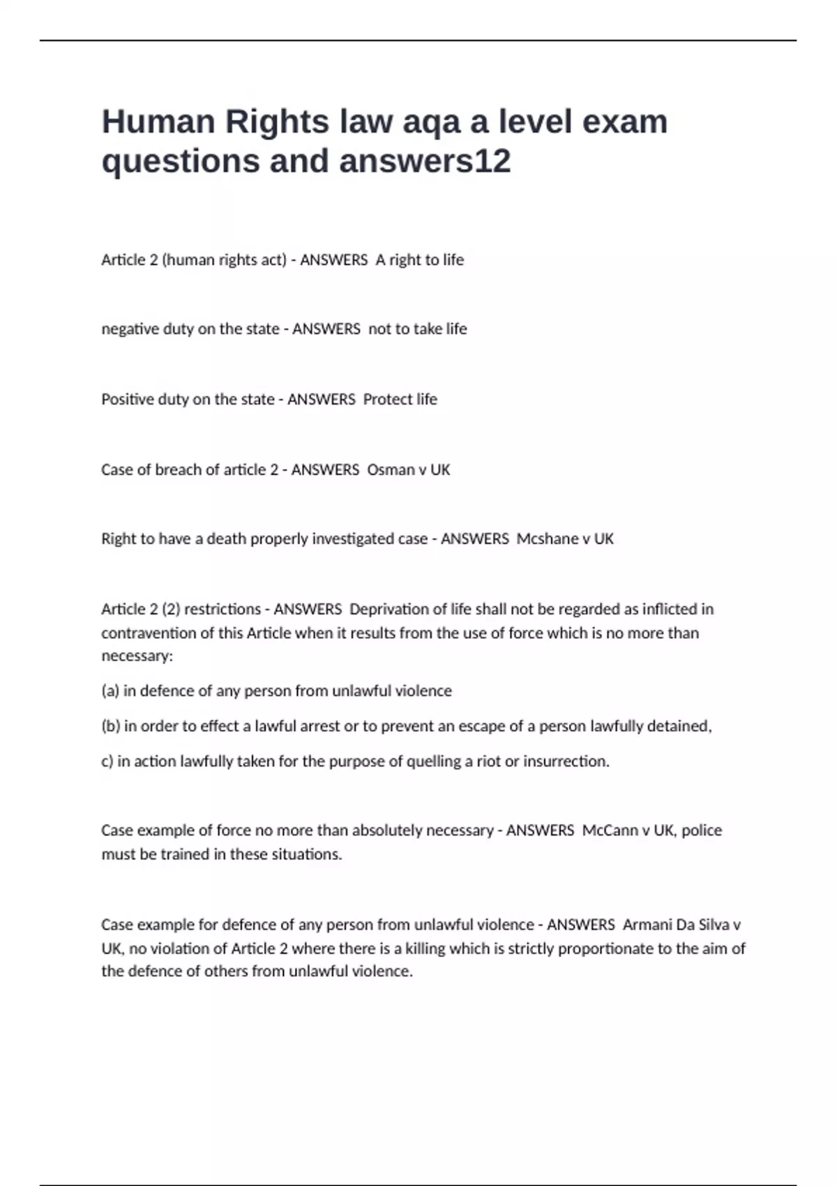 Human Rights law aqa a level exam questions and answers - Human Rights ...