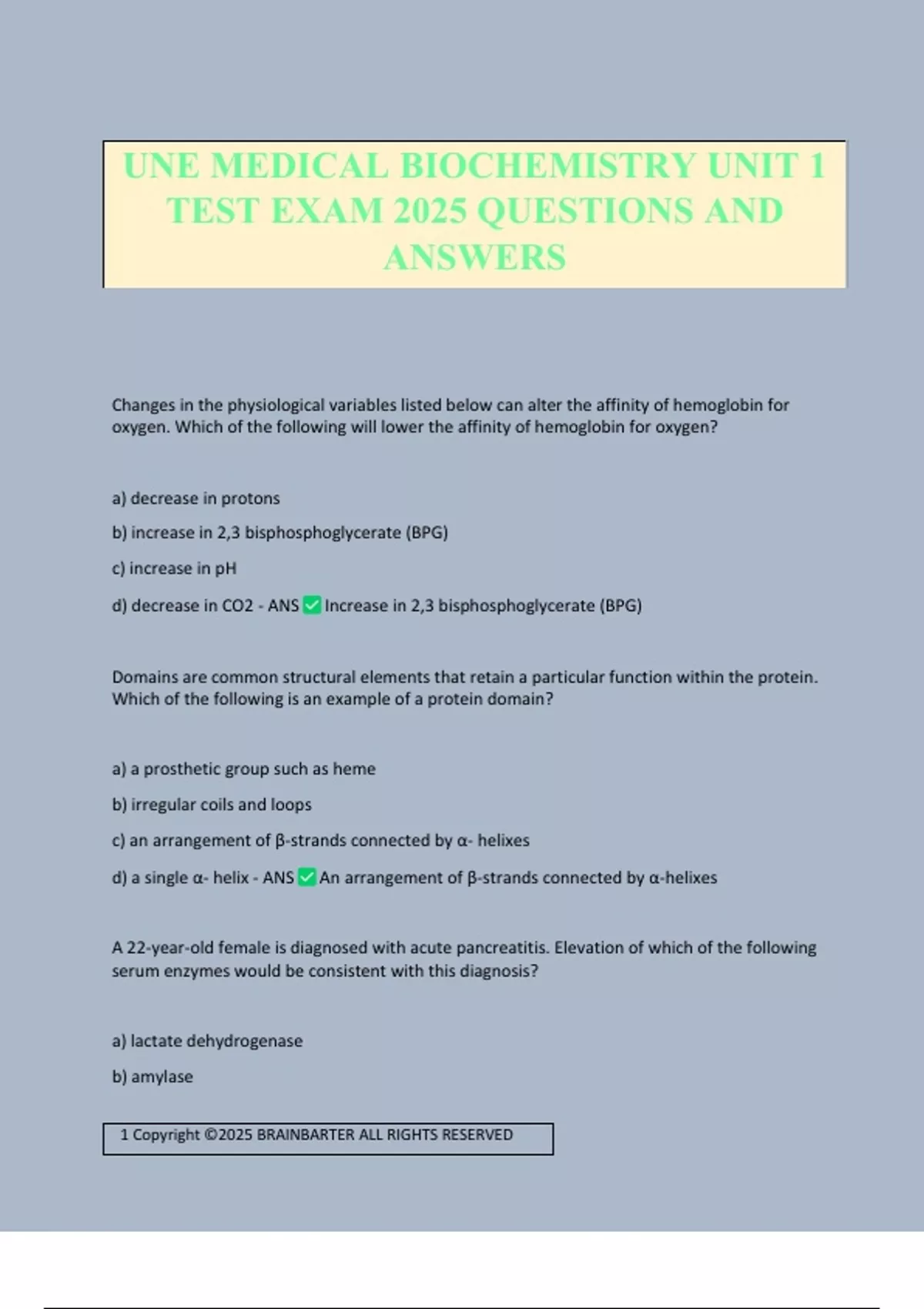 UNE MEDICAL BIOCHEMISTRY UNIT 1 TEST EXAM 2025 QUESTIONS AND ANSWERS ...