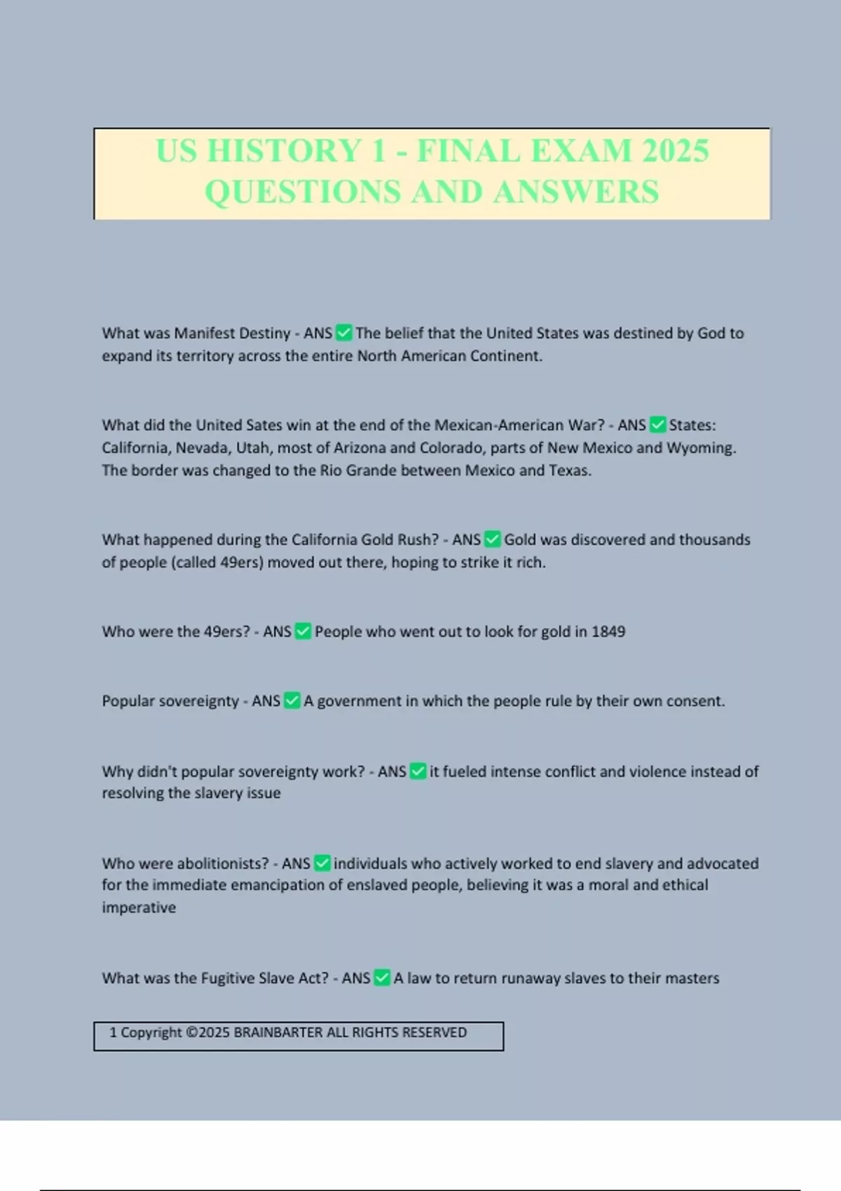 US HISTORY 1 - FINAL EXAM 2025 QUESTIONS AND ANSWERS - US HISTORY 1 ...