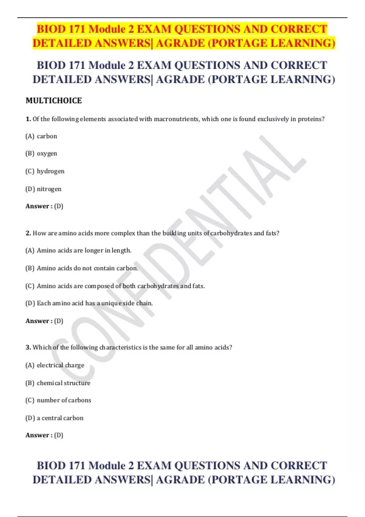 BIOD 171 Module 2 EXAM QUESTIONS AND CORRECT DETAILED ANSWERS| AGRADE ...