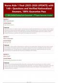 Nurse Aide 1 final &lpar;2026&sol;2027 UPDATE&rpar; with 140&plus; Questions and Verified Rationalized Answers&comma; 100&percnt; Guarantee Pass