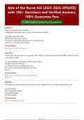 Role of the Nurse Aid &lpar;2026&sol;2027 UPDATE&rpar; with 100&plus; Questions and Verified Answers&comma; 100&percnt; Guarantee Pass