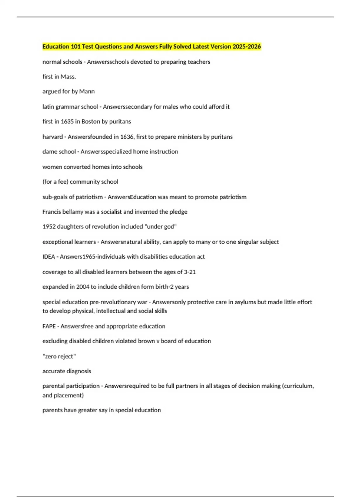 Education 101 Test Questions and Answers Fully Solved Latest Version ...