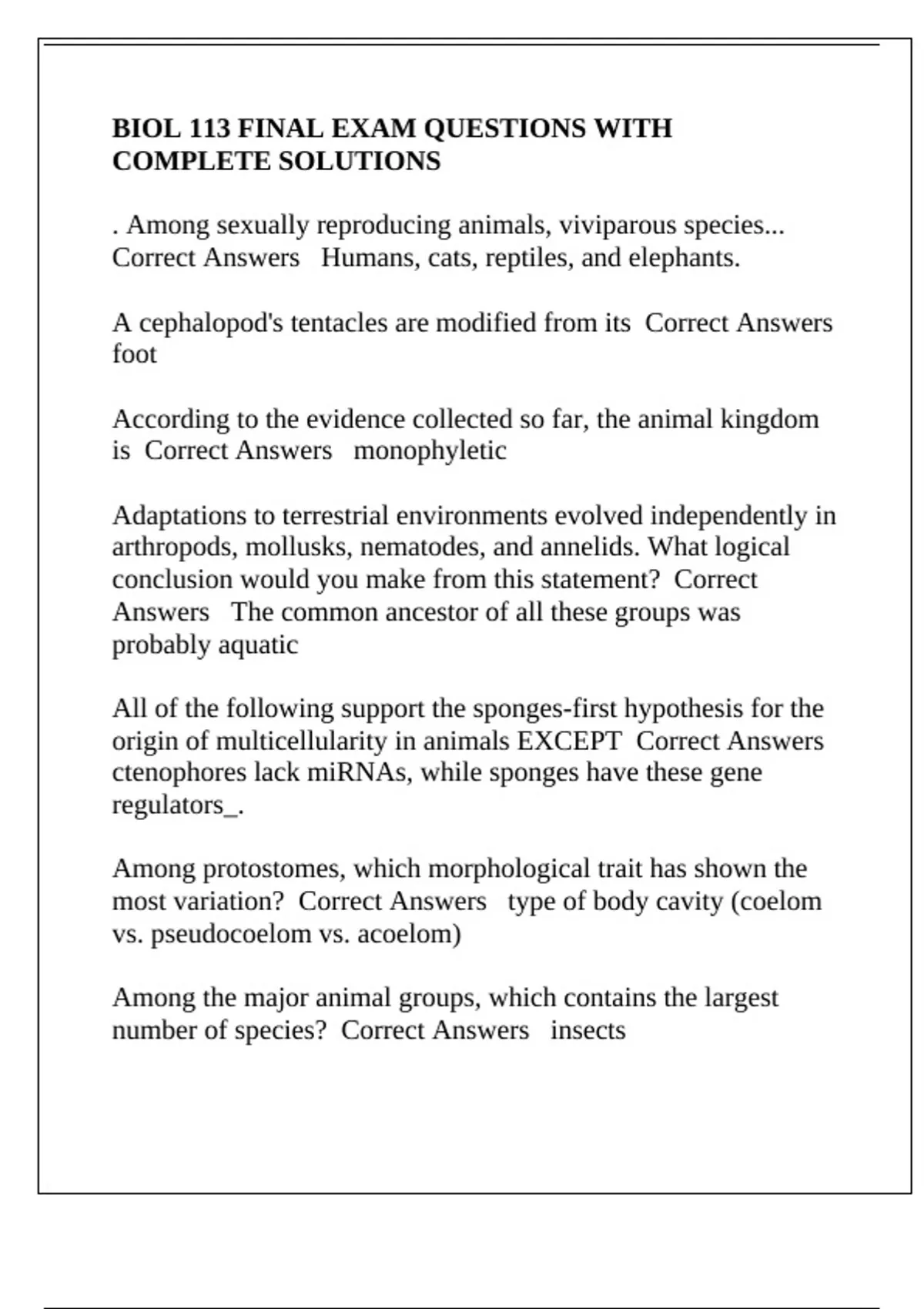BIOL 113 FINAL EXAM QUESTIONS WITH COMPLETE SOLUTIONS - BIOL 113 ...