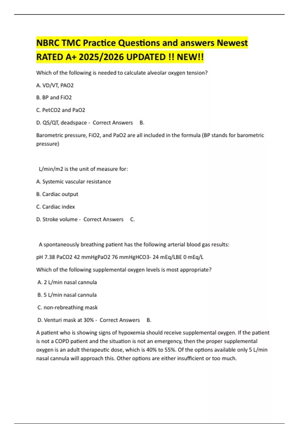NBRC TMC Practice Questions and answers Newest RATED A+ 2025/2026 ...
