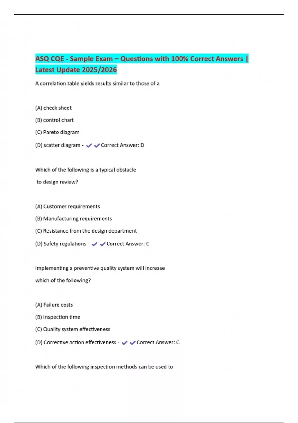 ASQ CQE - Sample Exam – Questions with 100% Correct Answers | Latest ...