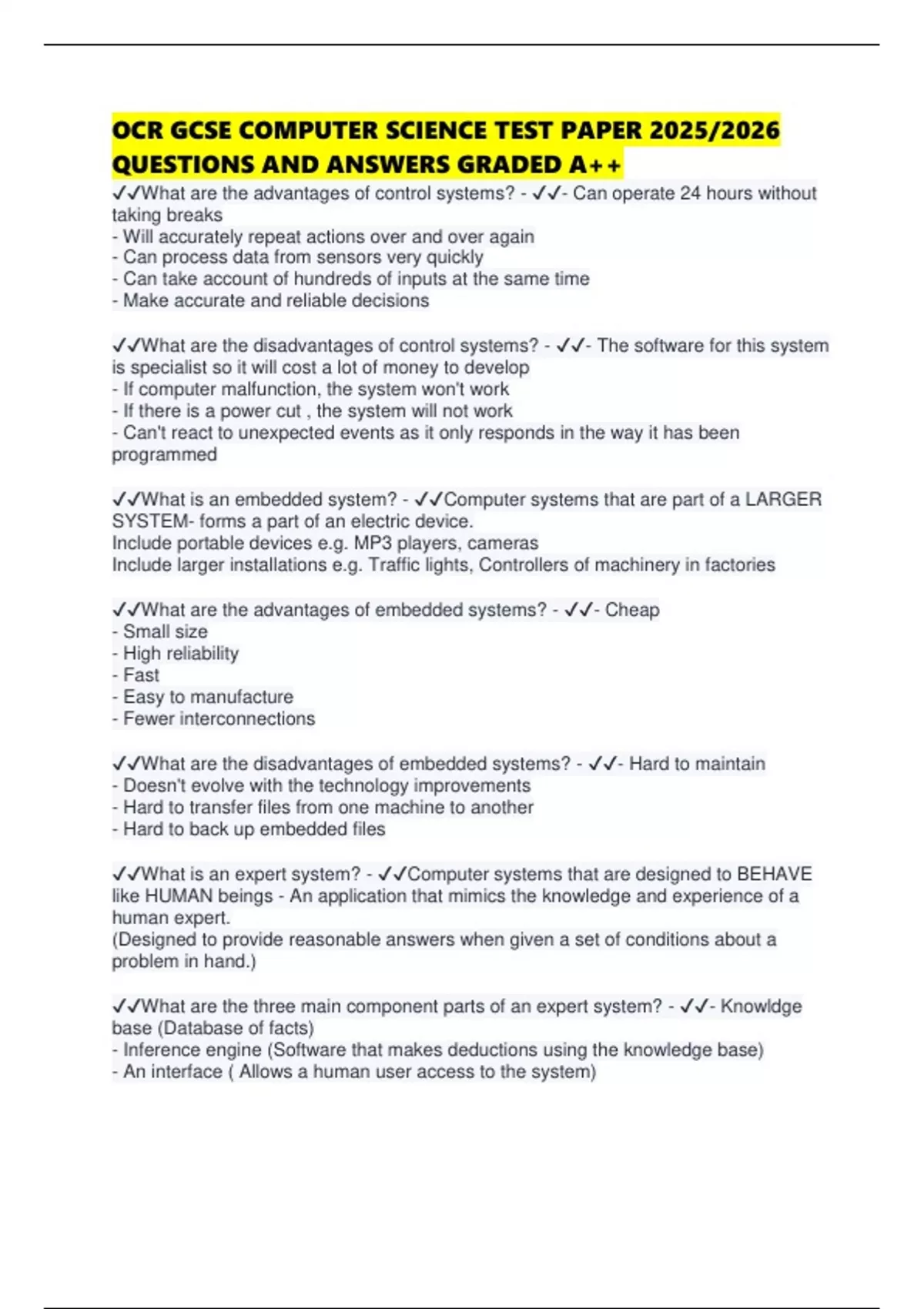 OCR GCSE COMPUTER SCIENCE TEST PAPER 2025/2026 QUESTIONS AND ANSWERS ...
