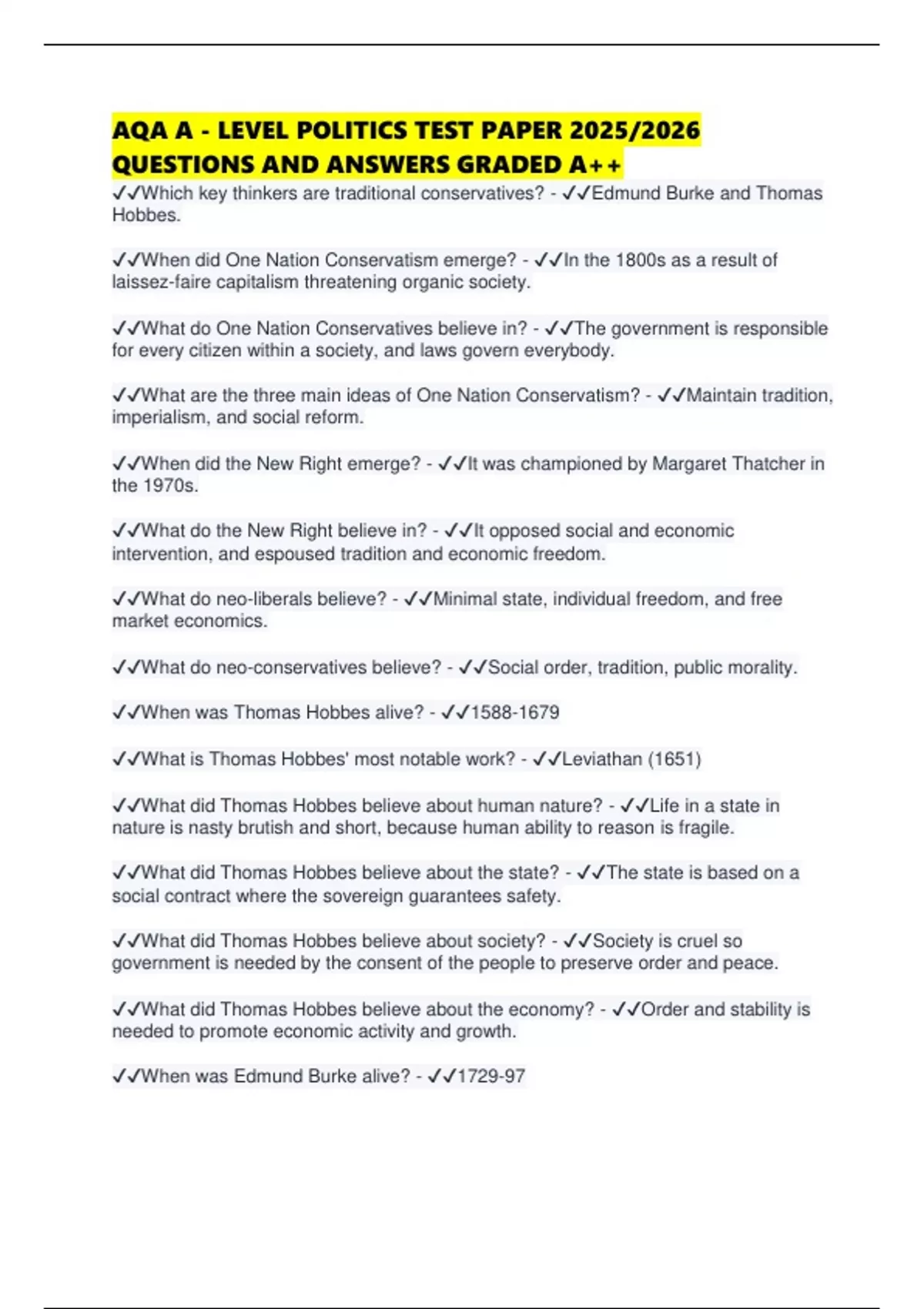 AQA A - LEVEL POLITICS TEST PAPER 2025/2026 QUESTIONS AND ANSWERS ...