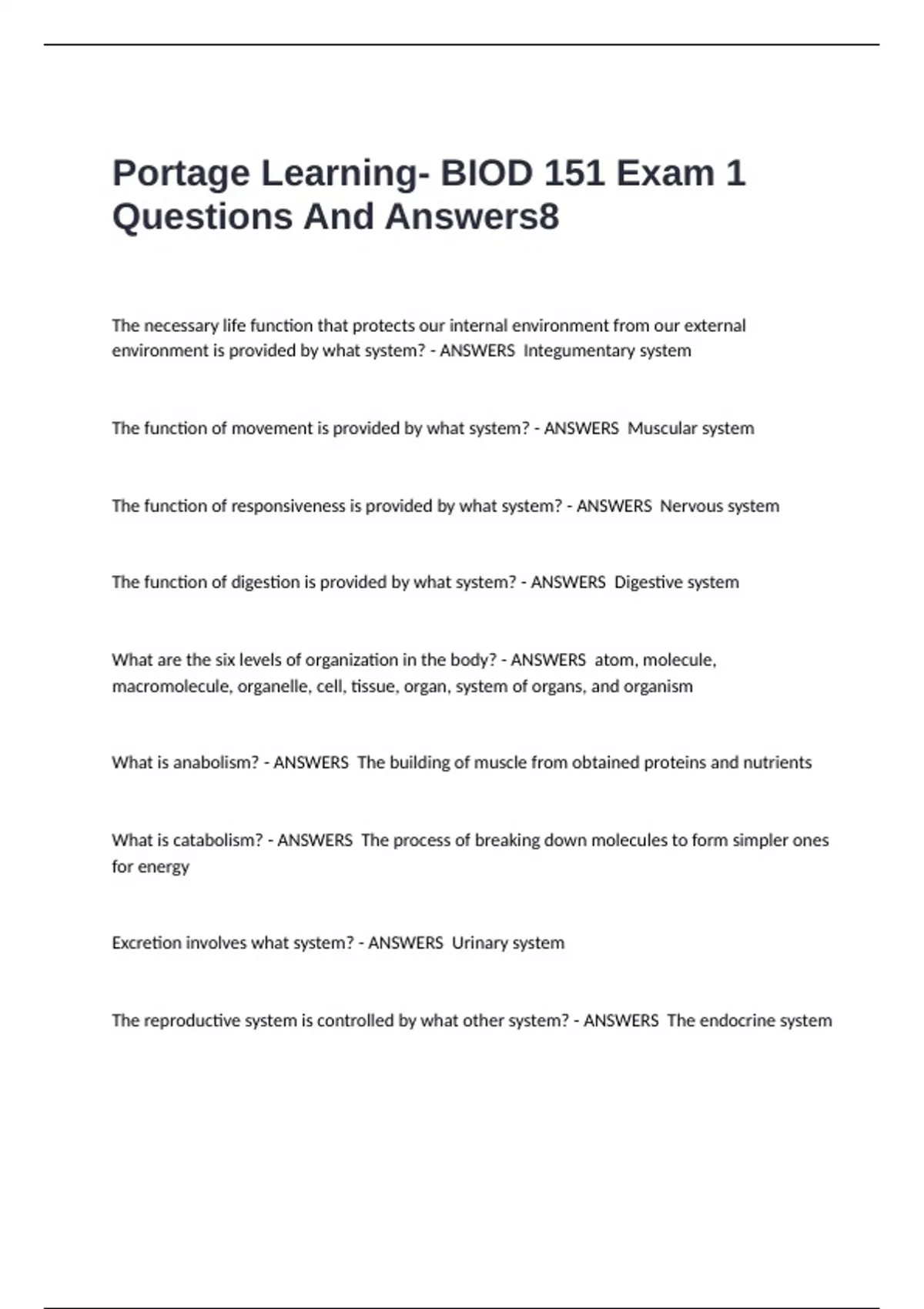 Portage Learning- BIOD 151 Exam 1 Questions And Answers - Portage ...