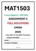 MAT1503 Assignment 3 Complete Solutions UNISA 2025 Linear Algebra I - MAT1503 Due date 31 July 2025 Thursday