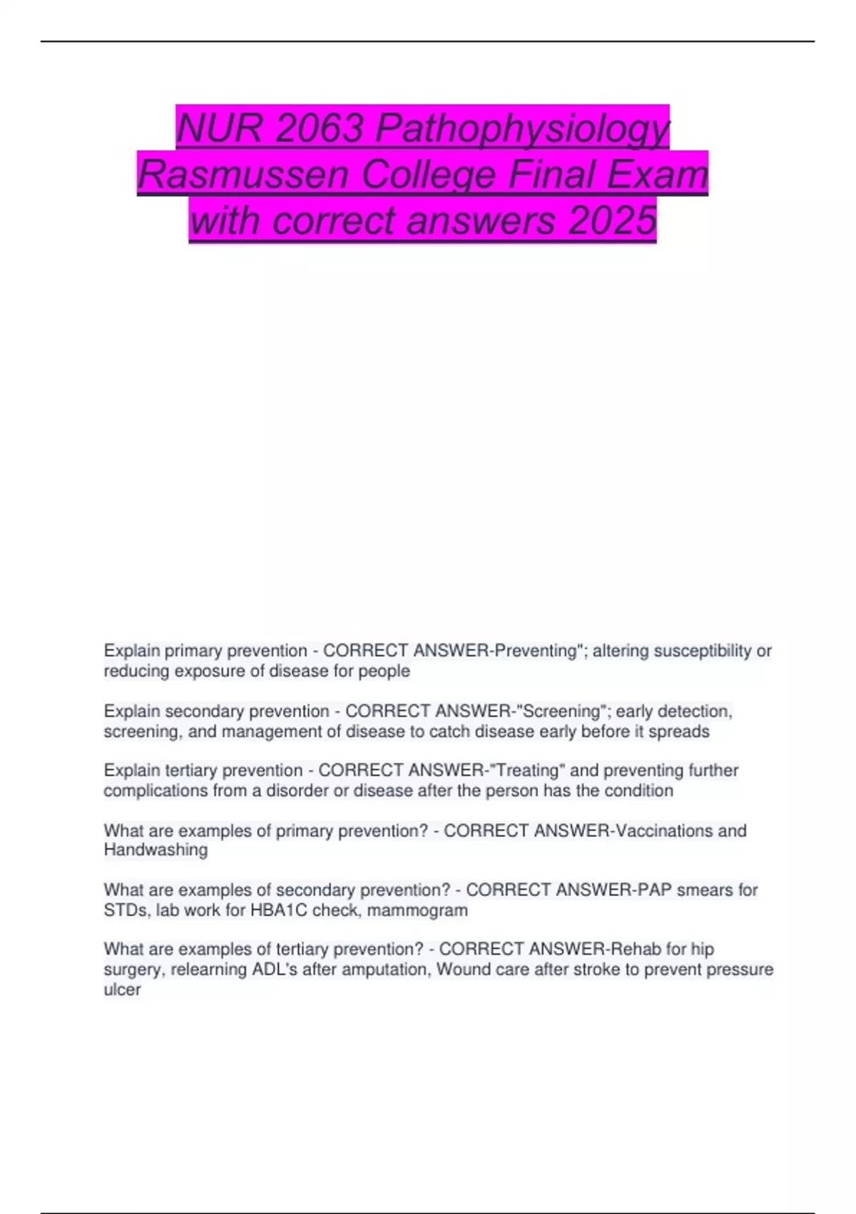 NUR 2063 Pathophysiology Rasmussen College Final Exam with correct ...