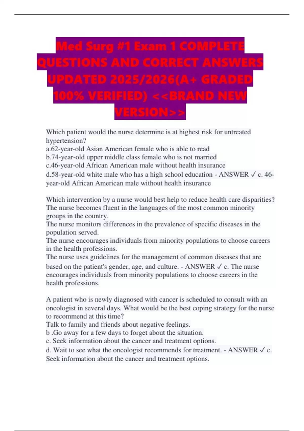 Med Surg #1 Exam 1 COMPLETE QUESTIONS AND CORRECT ANSWERS UPDATED 2025/ ...