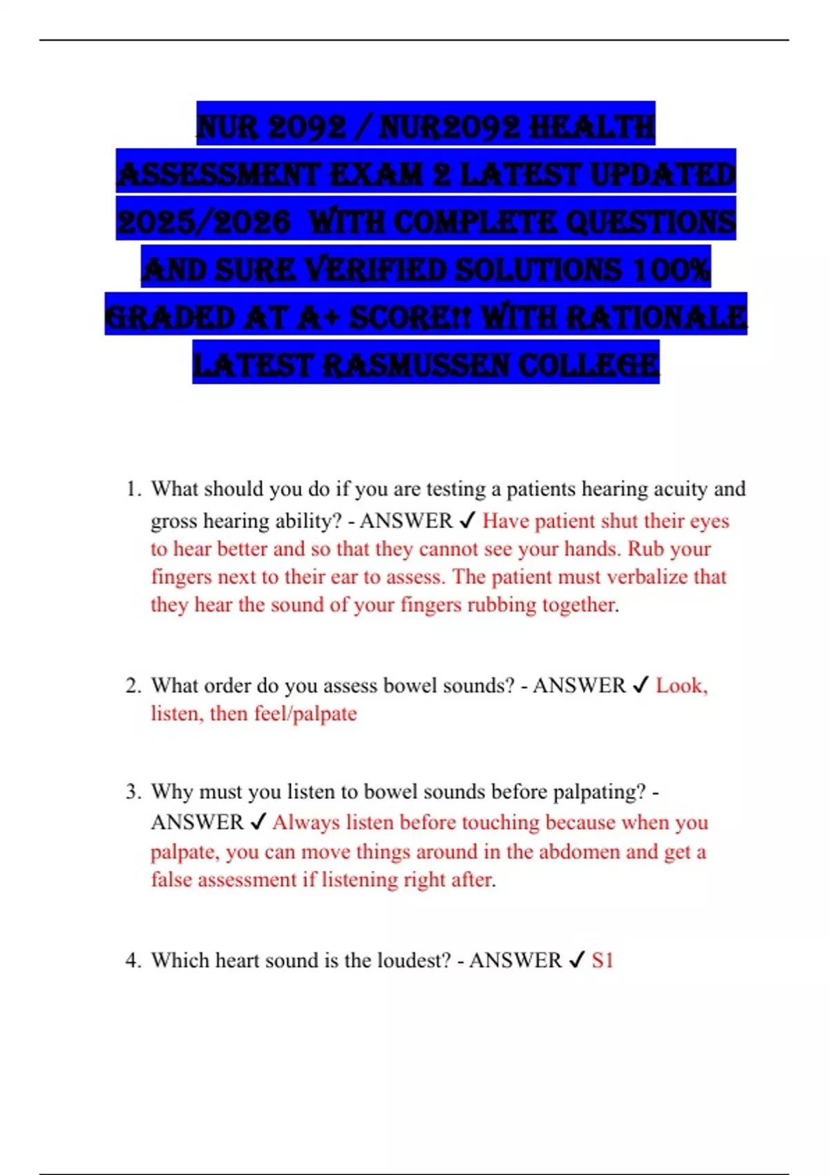 NUR 2092 / NUR2092 Health Assessment Exam 2 LATEST UPDATED 2025/2026 ...