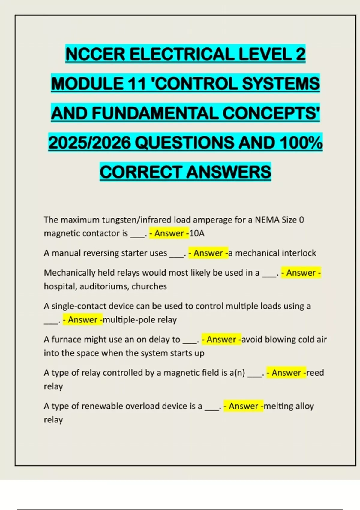 Nccer Module Resource Control NCCER ELECTRICAL LEVEL 2 MODULE 11 'CONTROL SYSTEMS AND FUNDAMENTAL ...