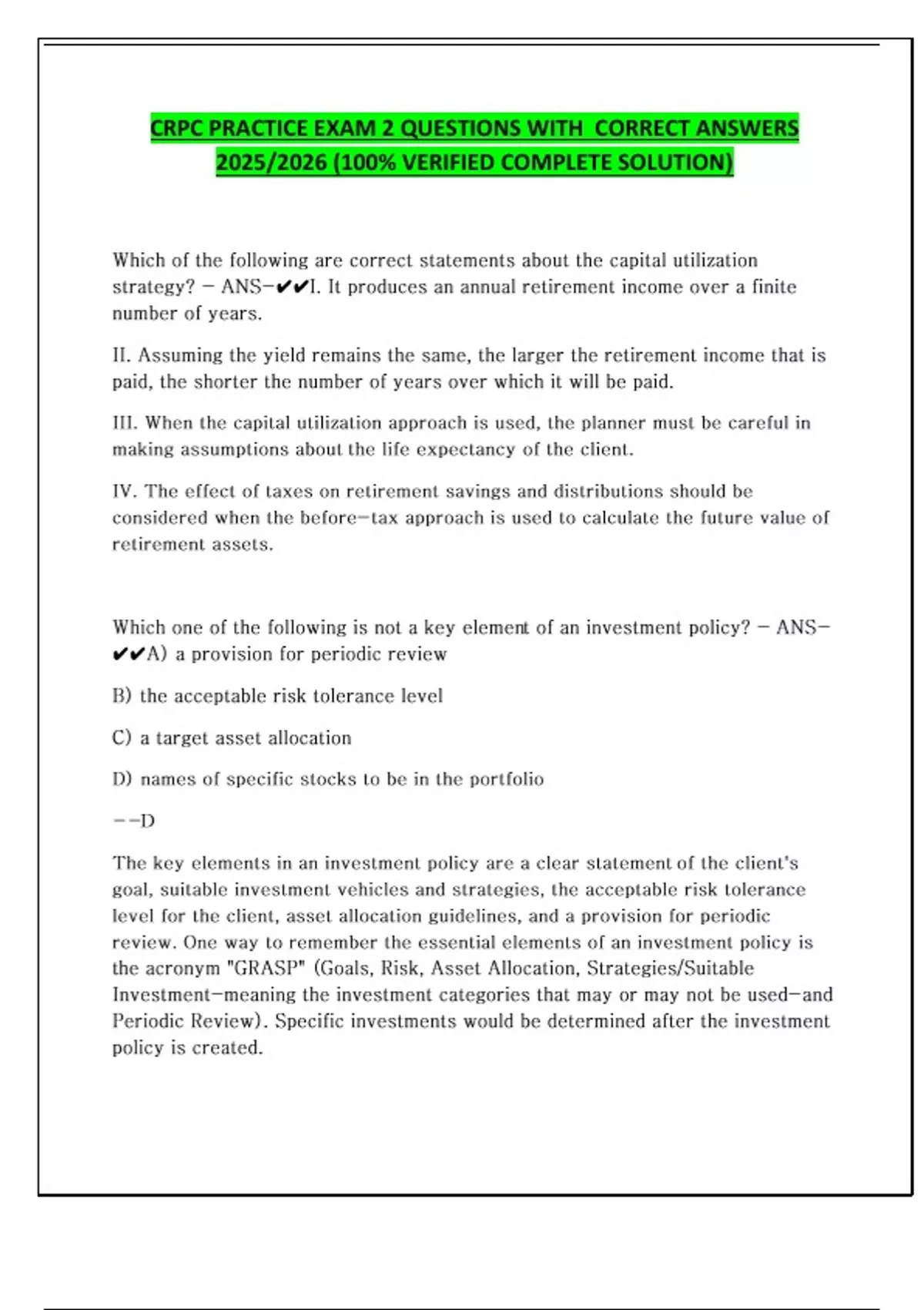 CRPC PRACTICE EXAM 2 QUESTIONS WITH CORRECT ANSWERS 2025/2026 (100% ...