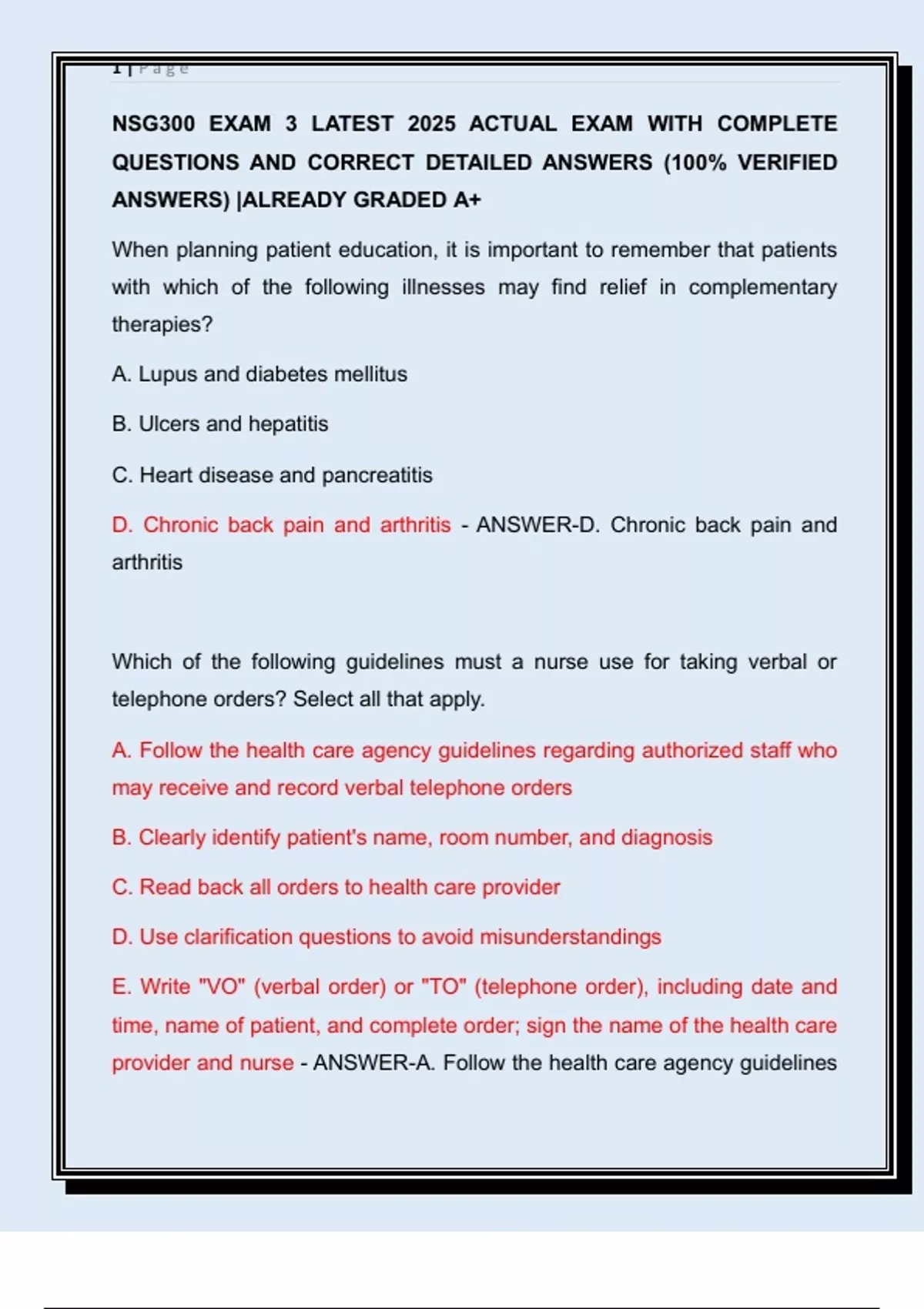 NSG 300 – Exam 3 | Actual Verified 2025 Questions and Detailed Correct ...
