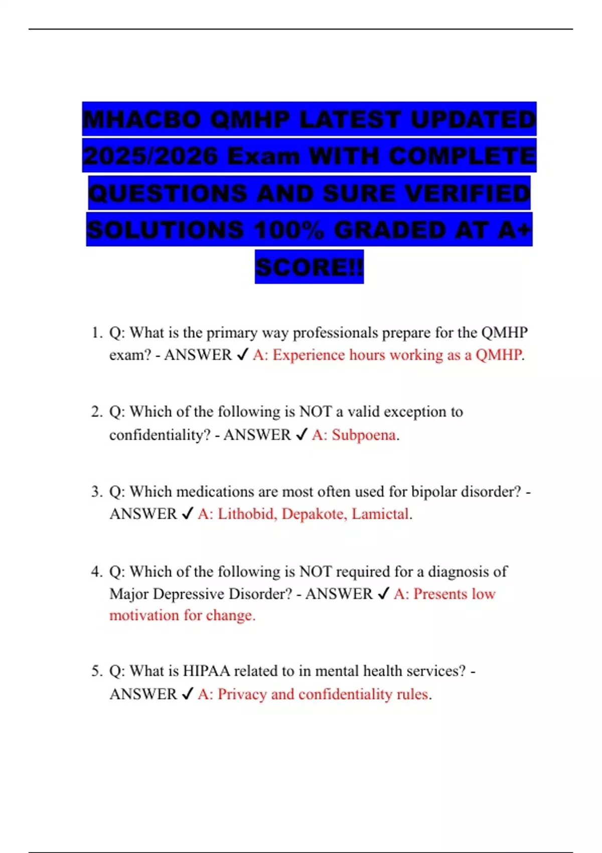 MHACBO QMHP LATEST UPDATED 2025/2026 Exam WITH COMPLETE QUESTIONS AND ...