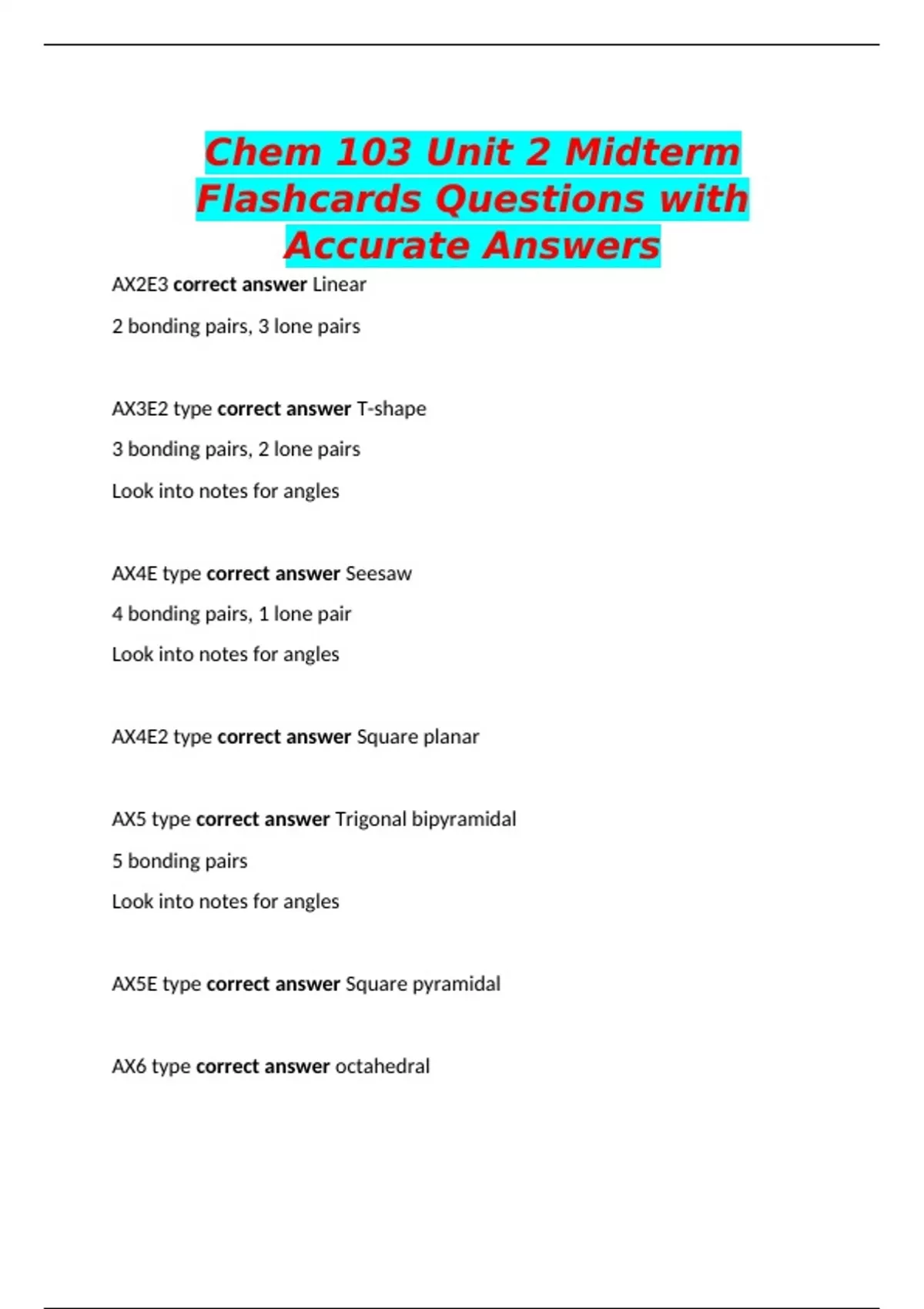 Chem 103 Unit 2 Midterm Flashcards Questions with Accurate Answers ...