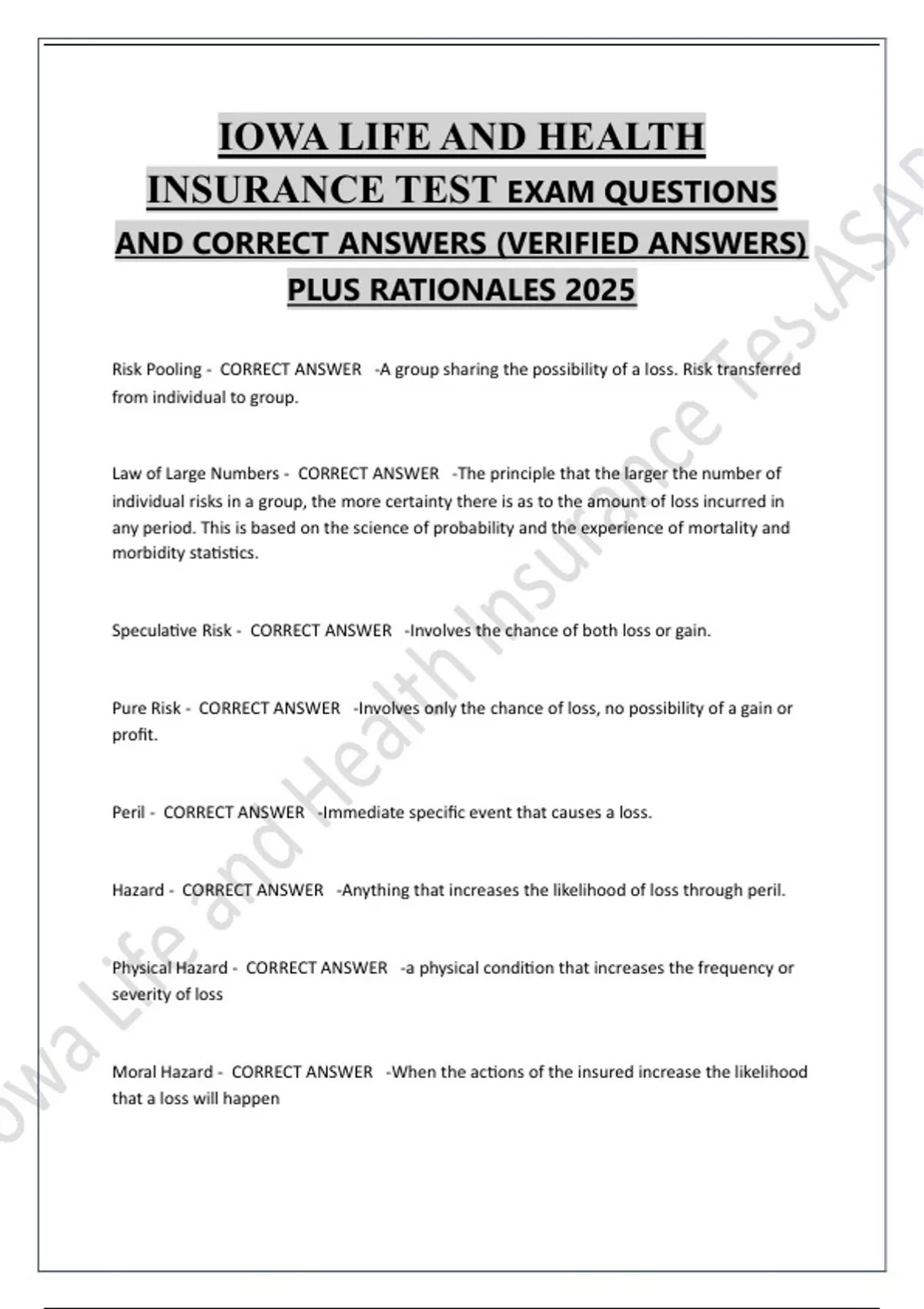 Iowa Insurance License Testing IOWA LIFE AND HEALTH INSURANCE TEST EXAM QUESTIONS AND CORRECT ANSWERS ...
