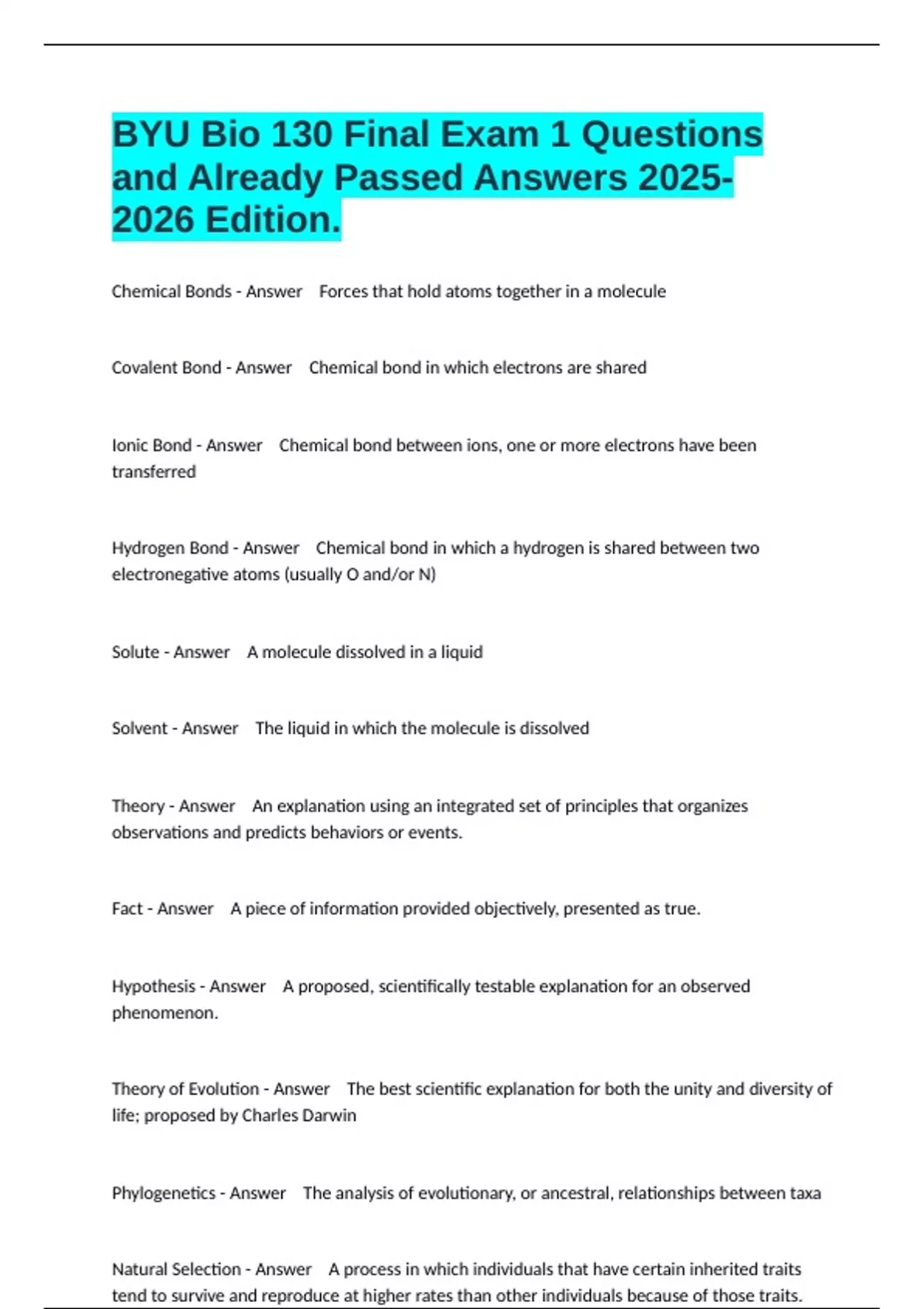 BYU Bio 130 Final Exam 1 Questions and Already Passed Answers Edition ...