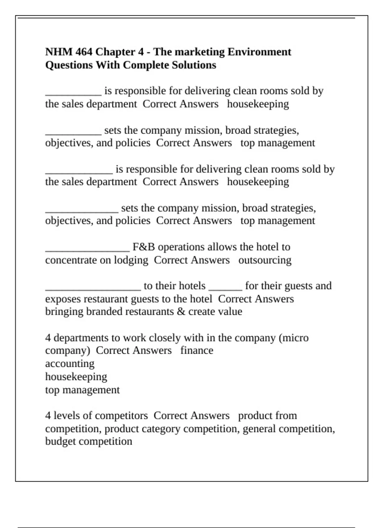NHM 464 Chapter 4 - The marketing Environment Questions With Complete ...