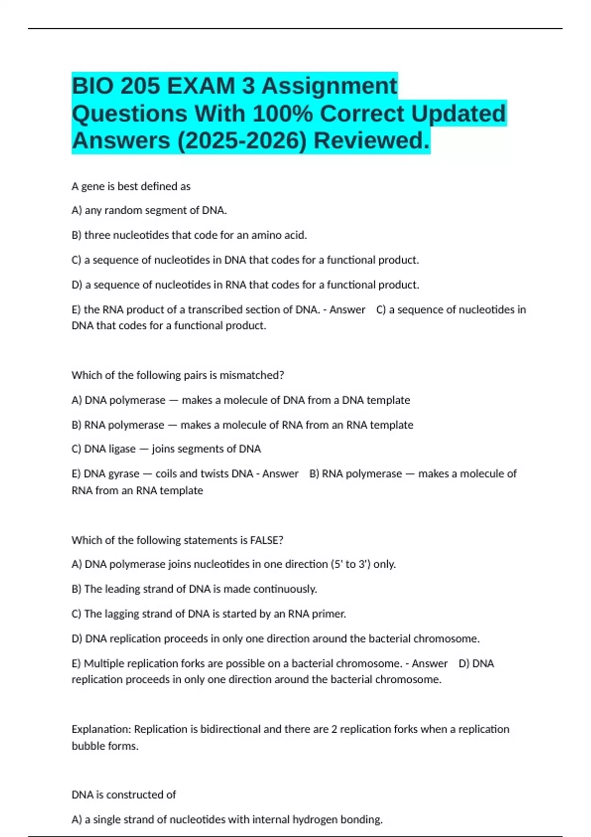 BIO 205 EXAM 3 Assignment Questions With 100% Correct Updated Answers ...
