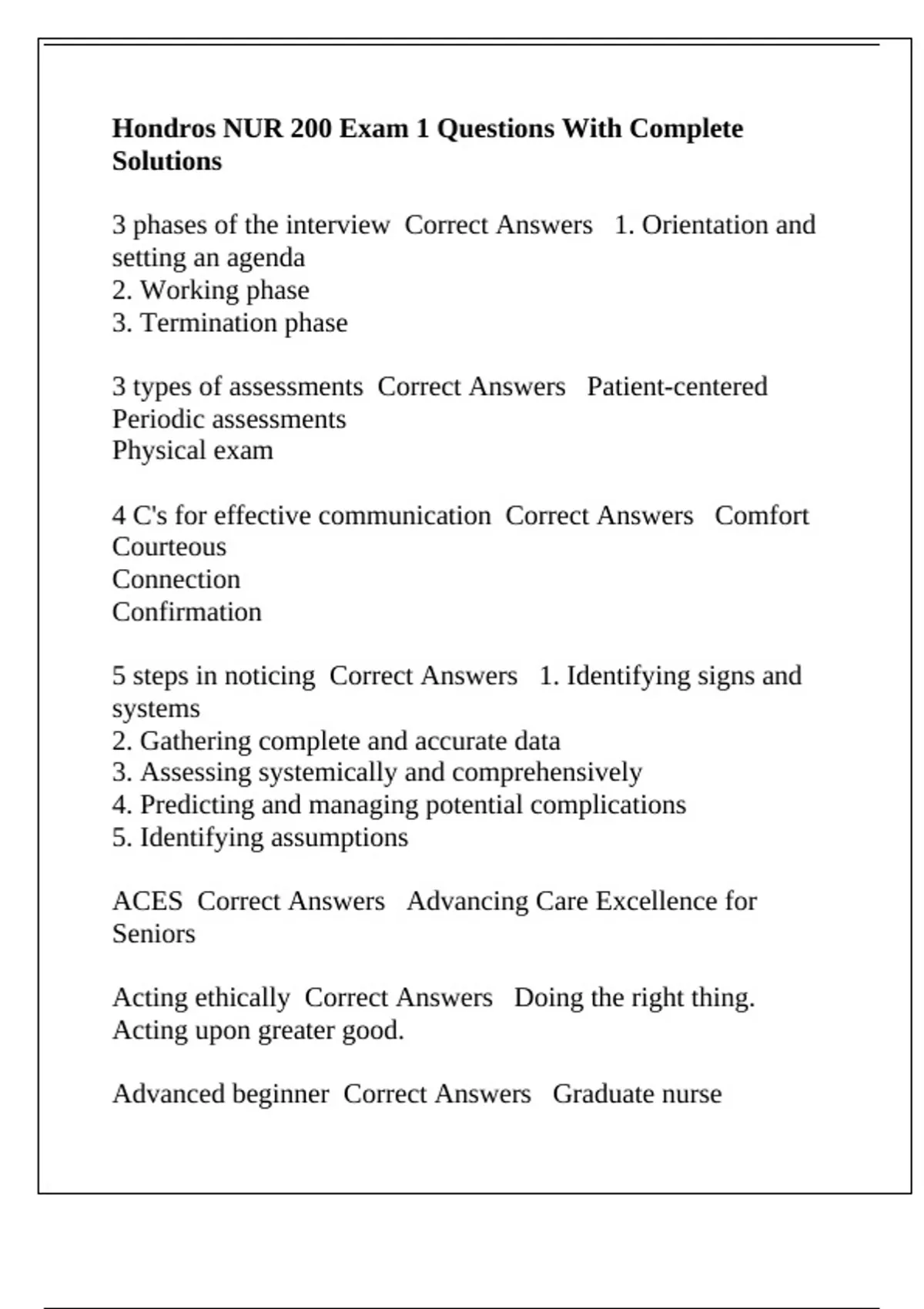 Hondros NUR 200 Exam 1 Questions With Complete Solutions - Hondros NUR ...