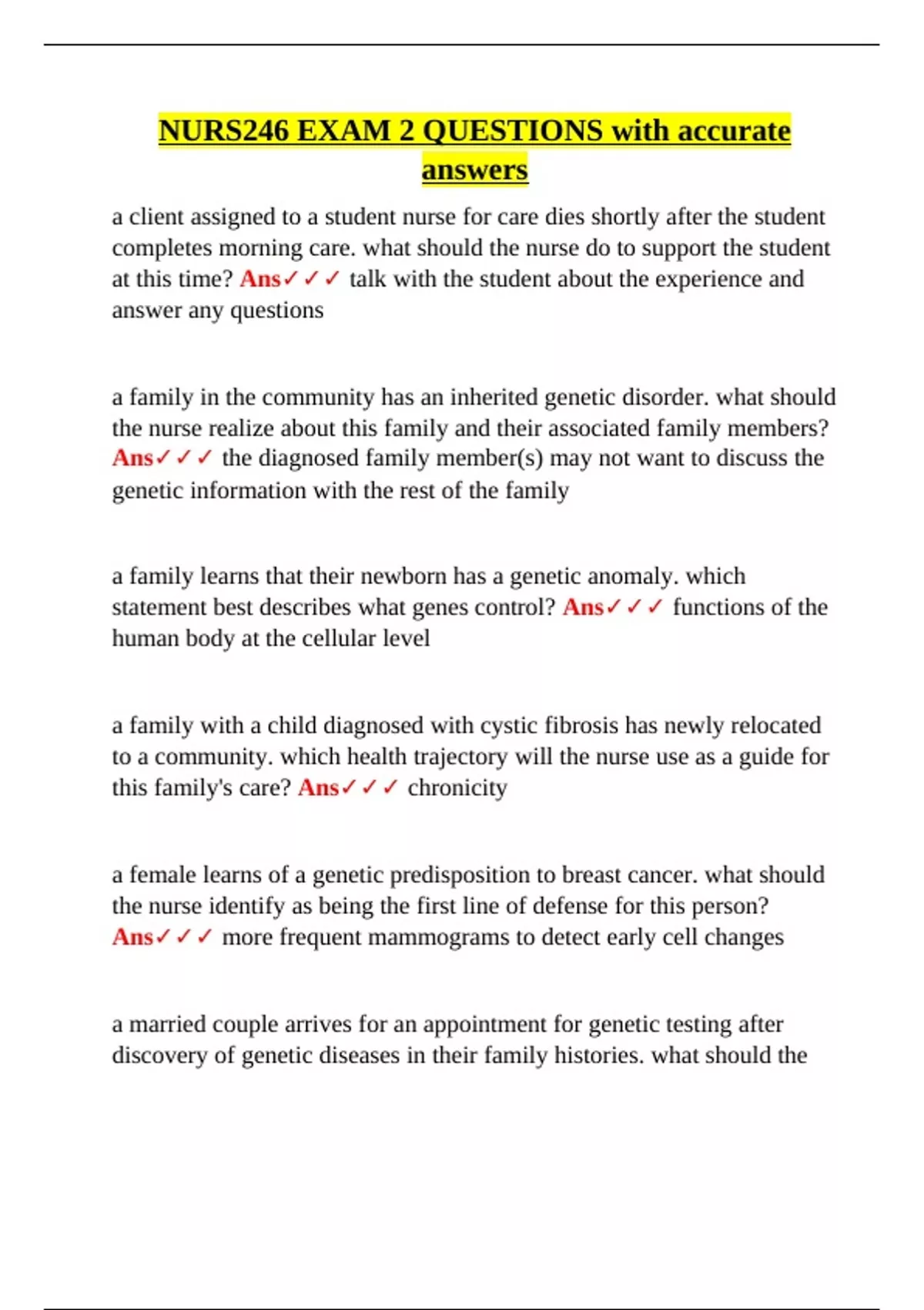 NURS246 EXAM 2 QUESTIONS with accurate answers - NURS 246 - Stuvia US